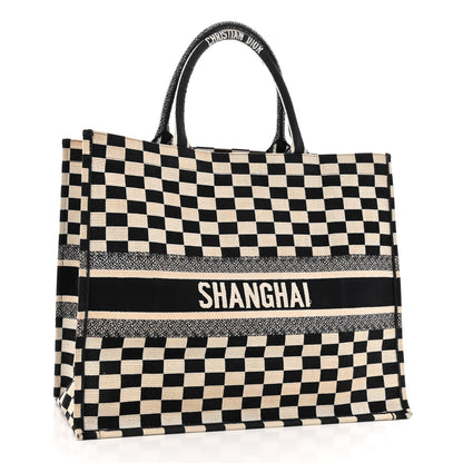 Christian Dior Canvas Embroidered Checkered Book Tote Black White 3 of 12