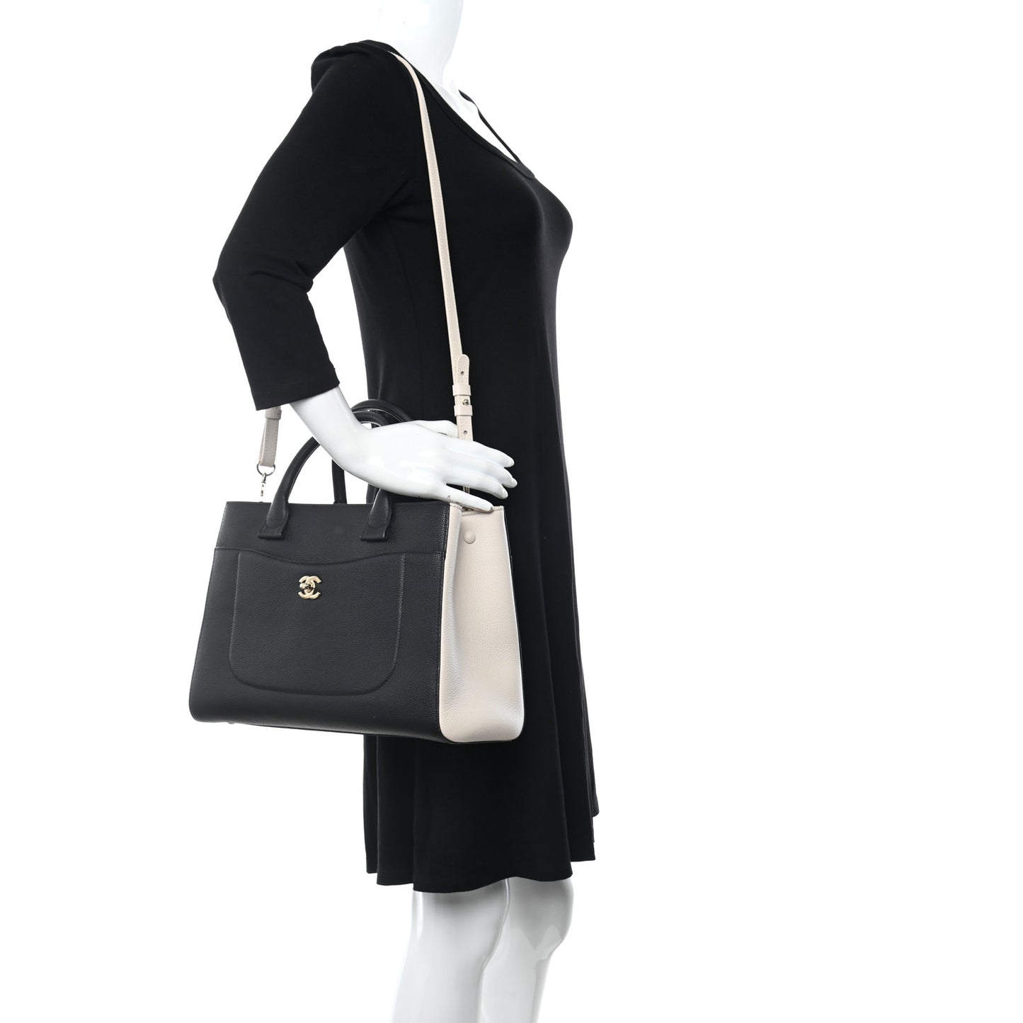 Grained Calfskin Small Bi-Color Neo Executive Shopper Tote Black Beige