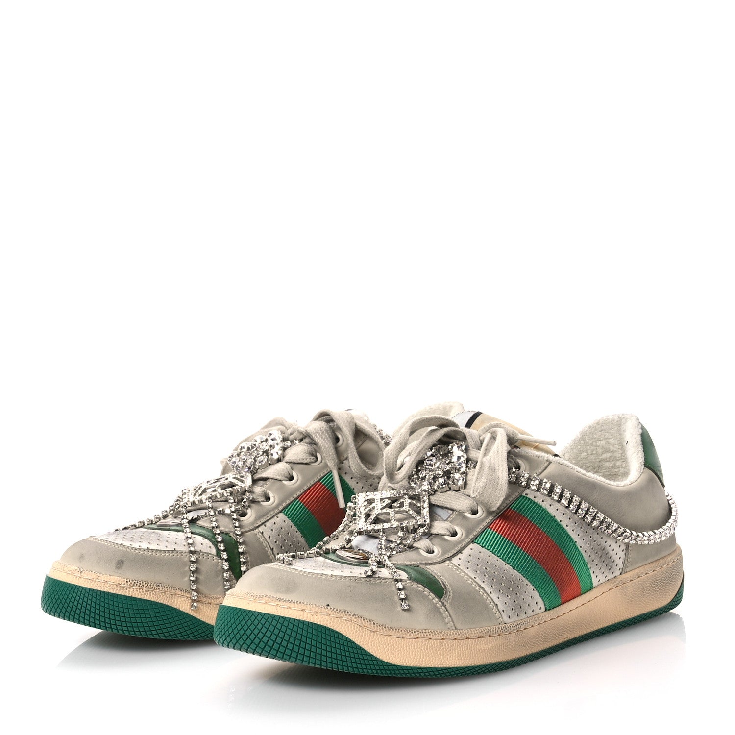 Gucci Nubuck Calfskin Web Removable Crystals Womens Screener Sneakers 41 Dusty Milk New Mystic White 4 of 8
