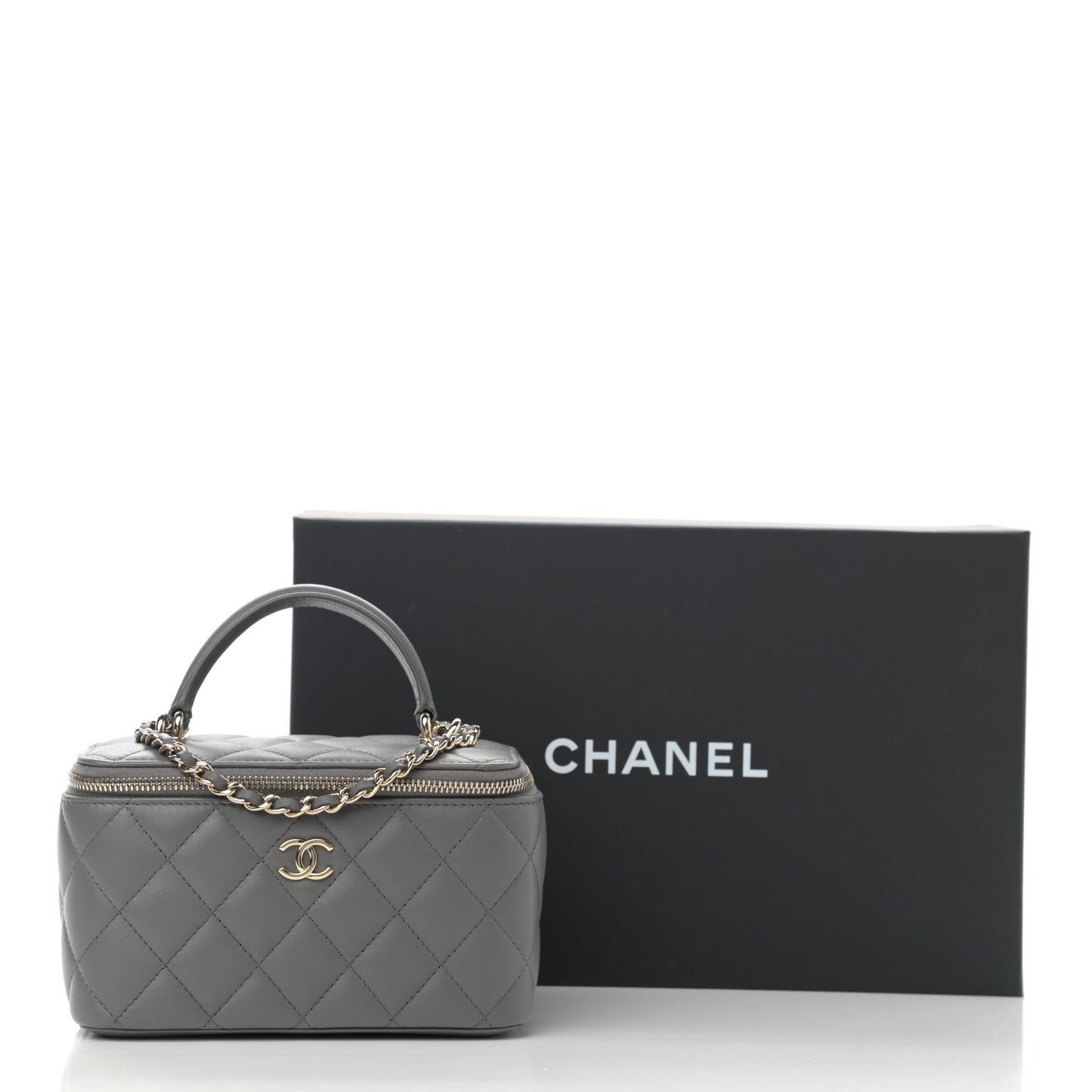 Lambskin Quilted Small Top Handle Vanity Case With Chain Dark Grey
