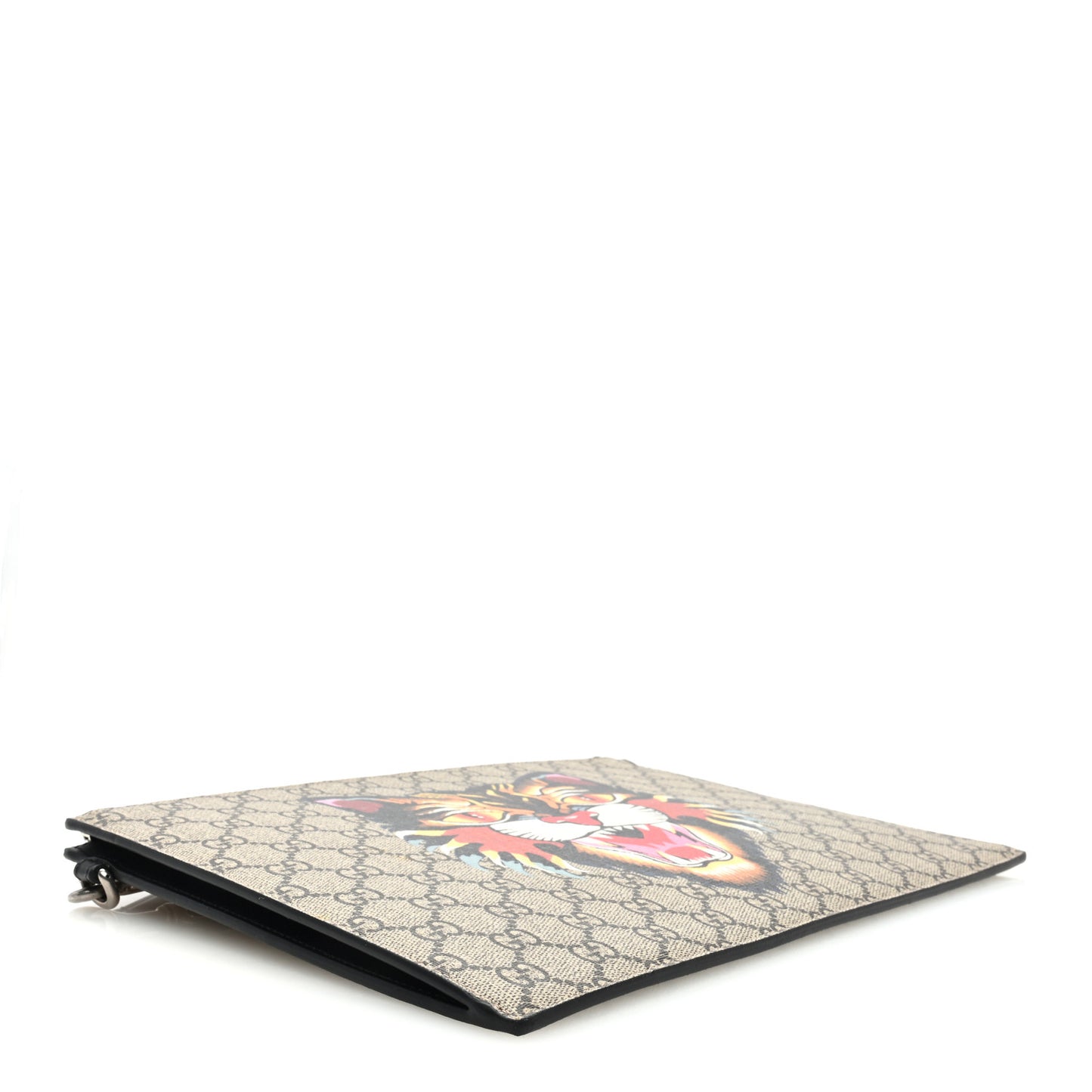 GG Supreme Monogram Angry Cat Zip Wristlet Pouch Beige