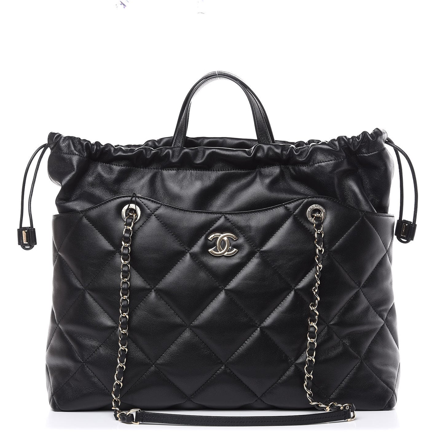 Lambskin Quilted Drawstring Shopping Bag Black