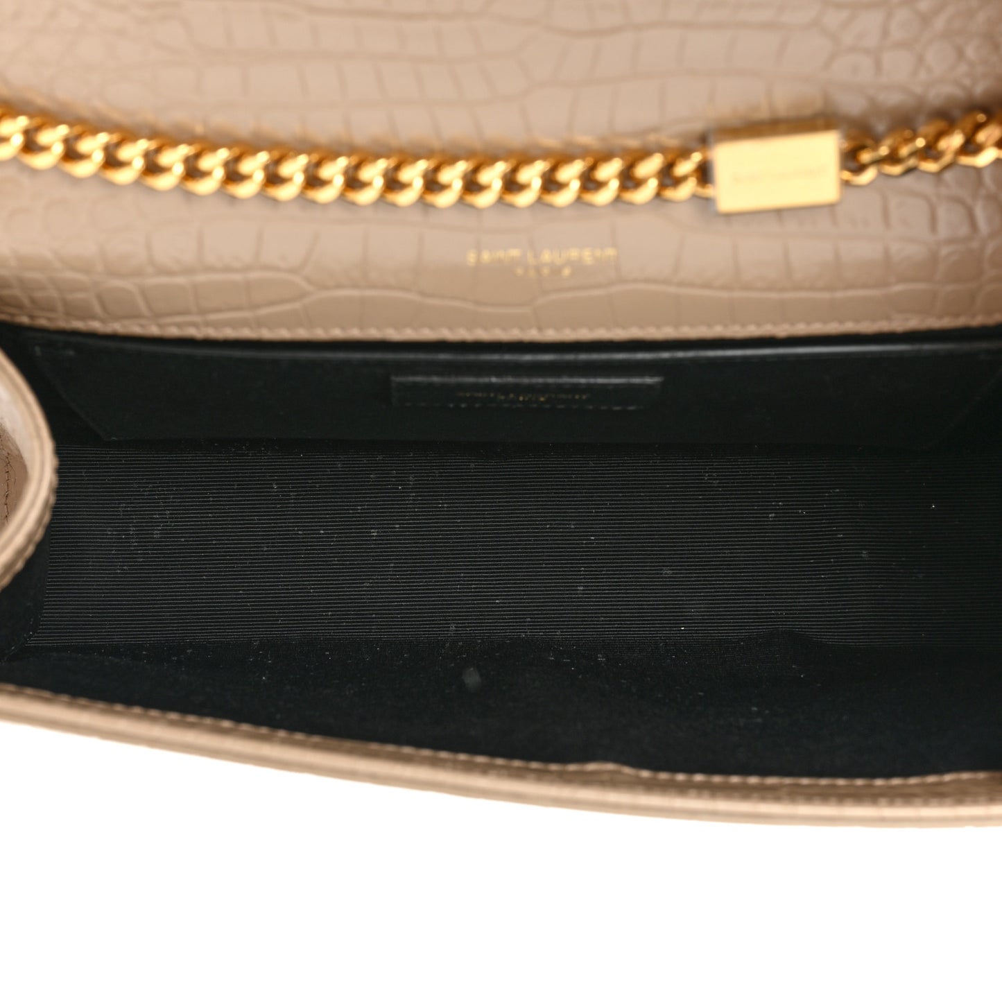 Calfskin Crocodile Embossed Medium Classic Monogram Kate Tassel Satchel Dark Beige
