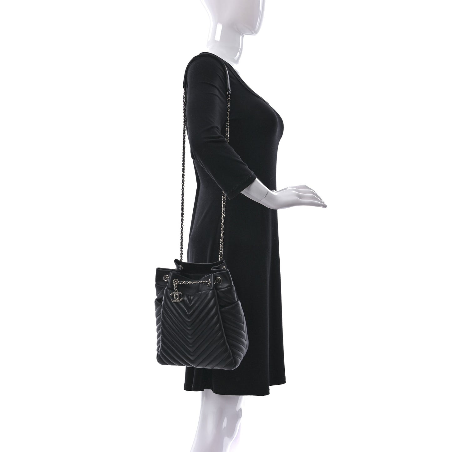 Lambskin Chevron Large Urban Spirit Drawstring Bag Black