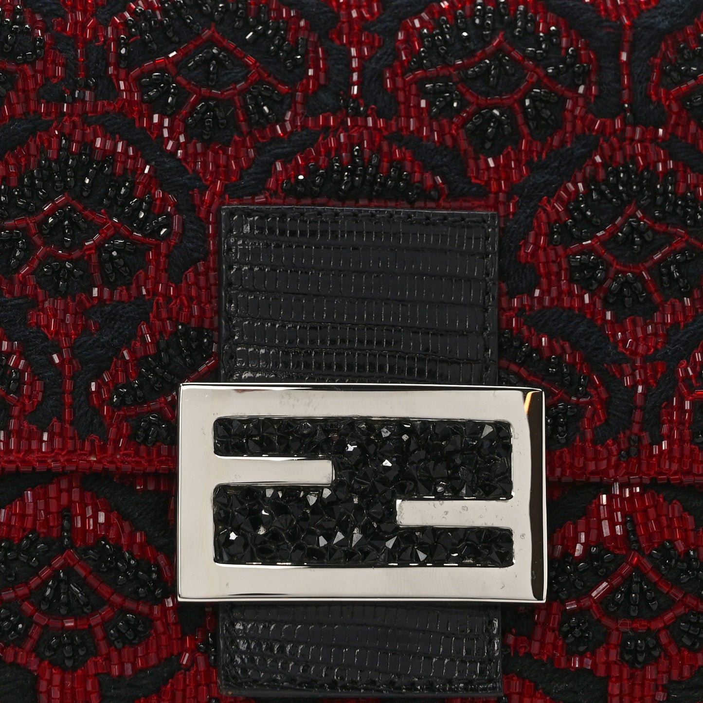 Embroidered Lizard Beaded Mini Mama Baguette Black Red