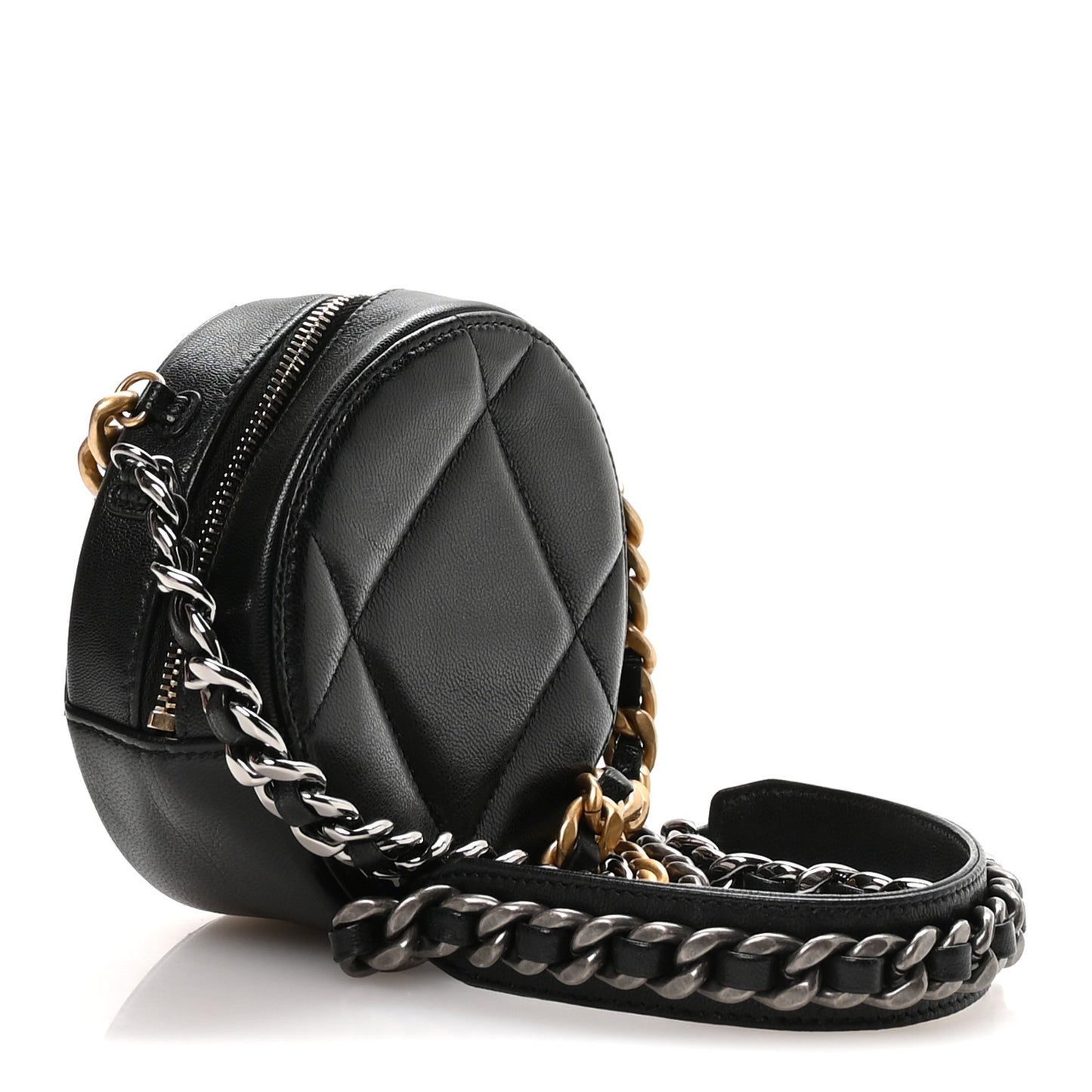Lambskin Quilted Chanel 19 Round Clutch With Chain Black