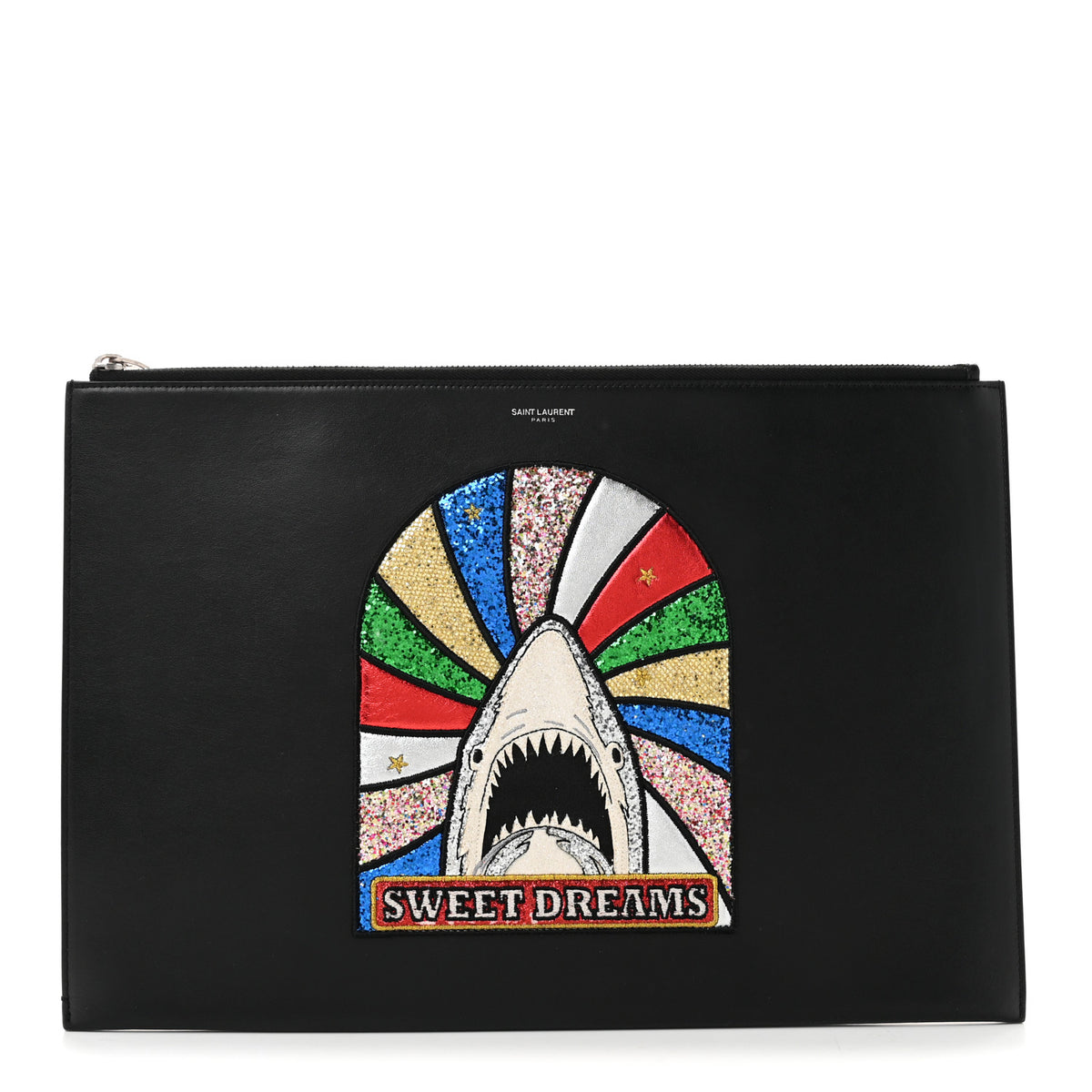 Calfskin Sweet Dreams Shark Zipped Pouch Black