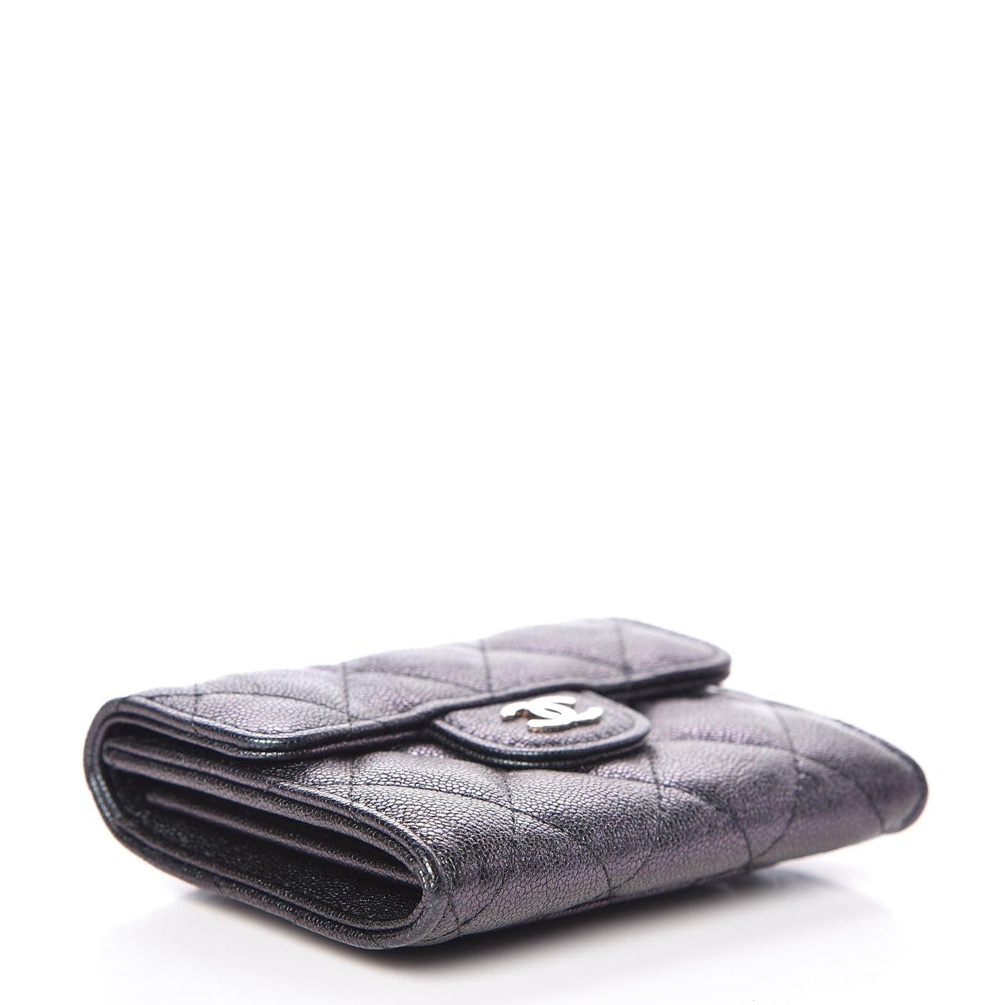Iridescent Caviar Quilted Flap Card Holder Wallet Black