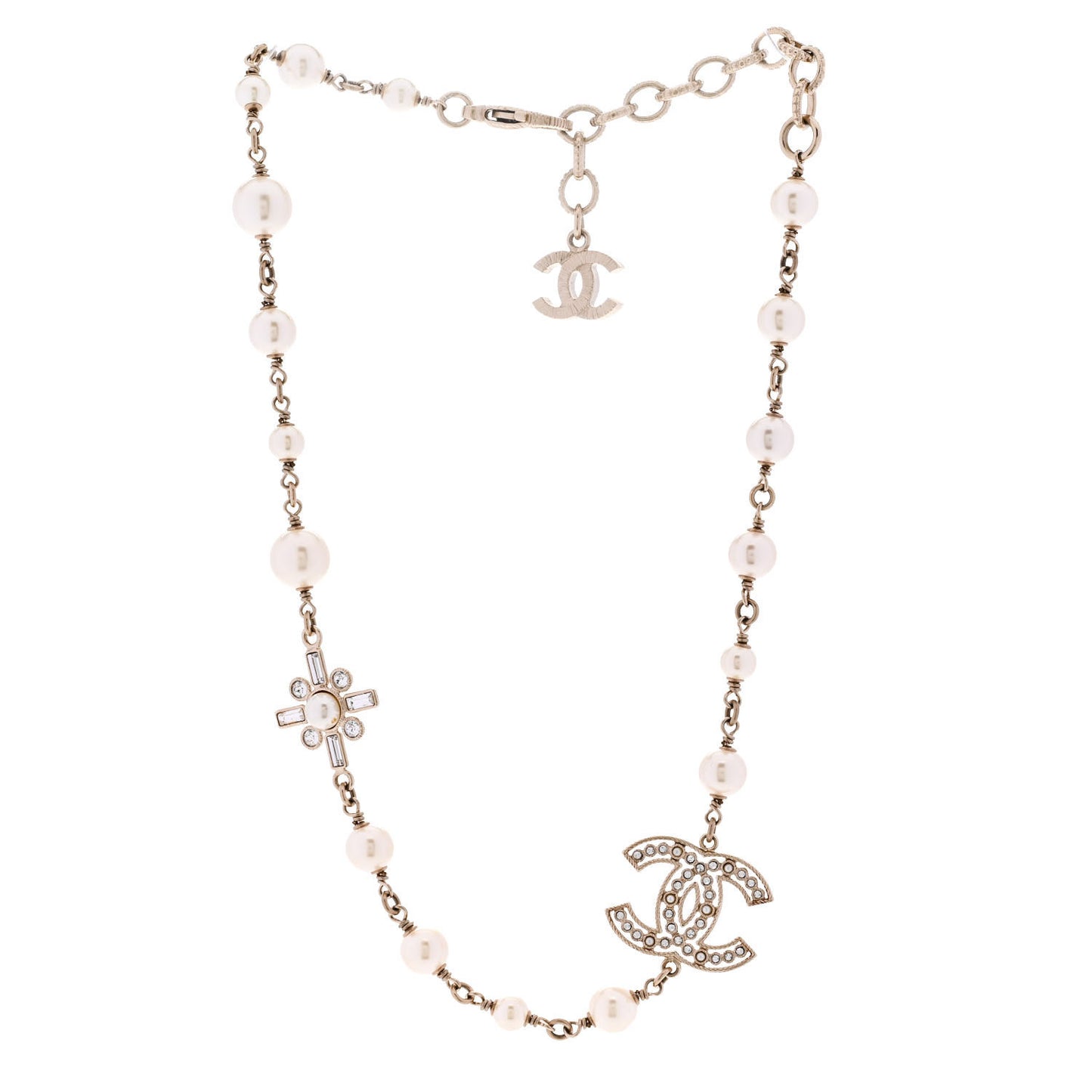 Crystal Baguette Pearl CC Cross Short Necklace Gold
