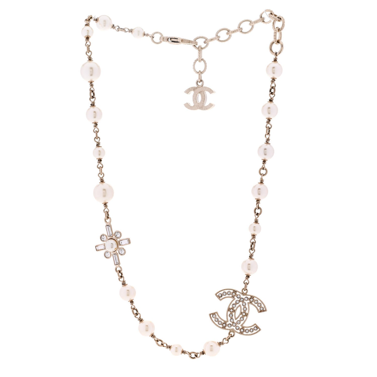 Chanel Crystal Baguette Pearl CC Cross Short Necklace Gold 3 of 6