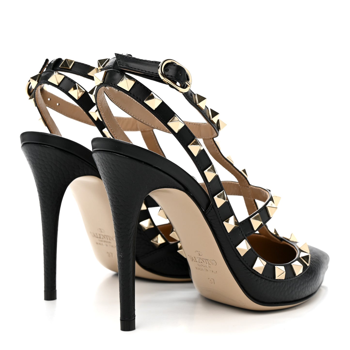 Pebbled Calfskin Rockstud Ankle Strap 100mm Pumps 37 Black