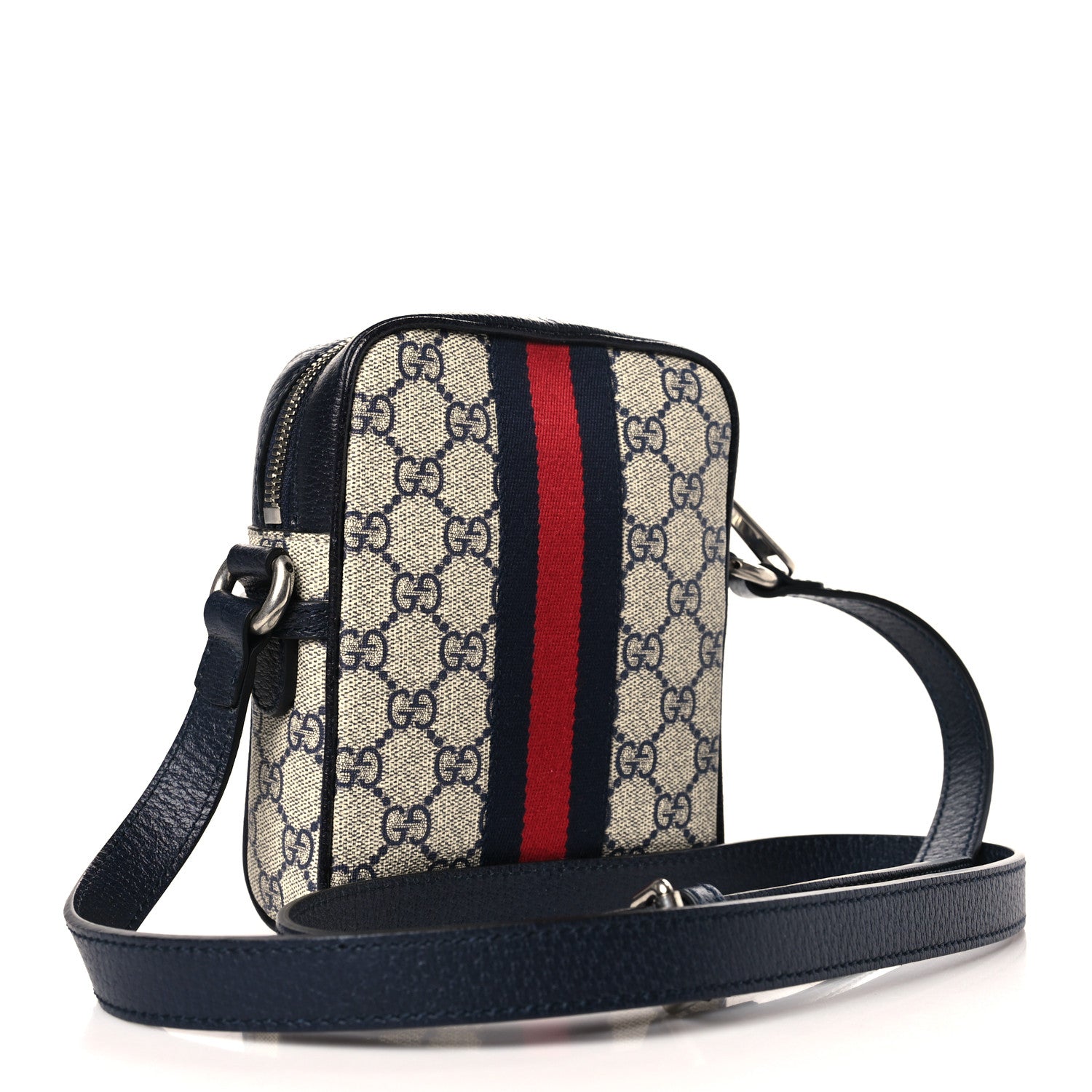 Gucci GG Supreme Monogram Textured Calfskin Web Mini Ophidia Messenger Beige Blue 3 of 9