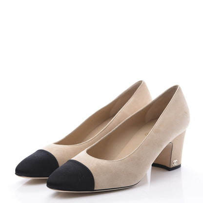 Chanel Suede Satin Cap Toe Low Heel Pumps 39.5 Beige Black 2 of 11