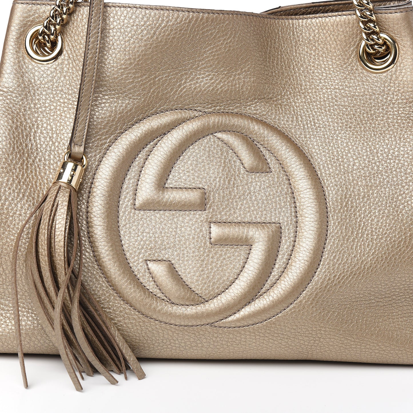 Metallic Pebbled Calfskin Medium Soho Chain Shoulder Bag Golden Beige