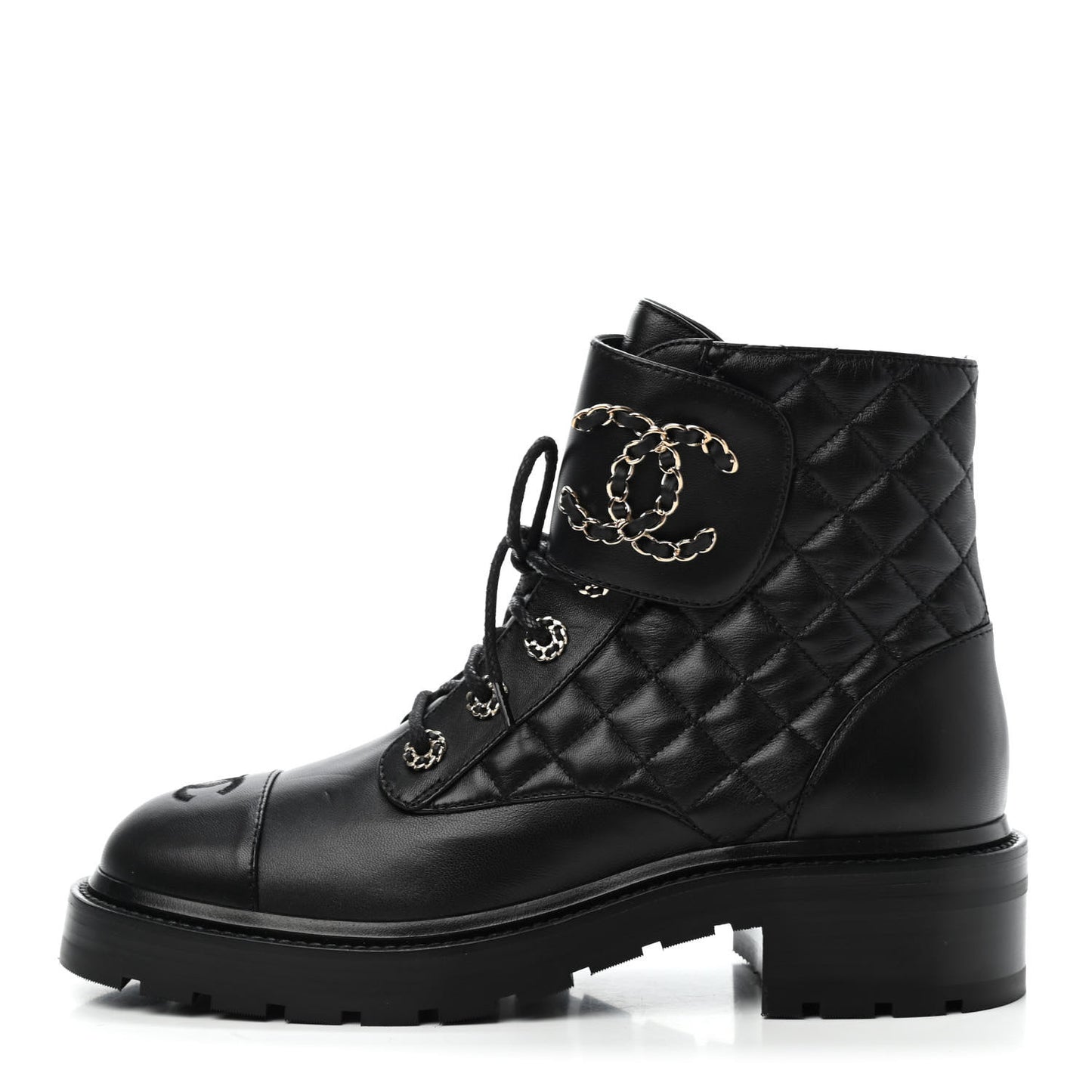 Shiny Lambskin Quilted Lace Up Combat Boots 39 Black