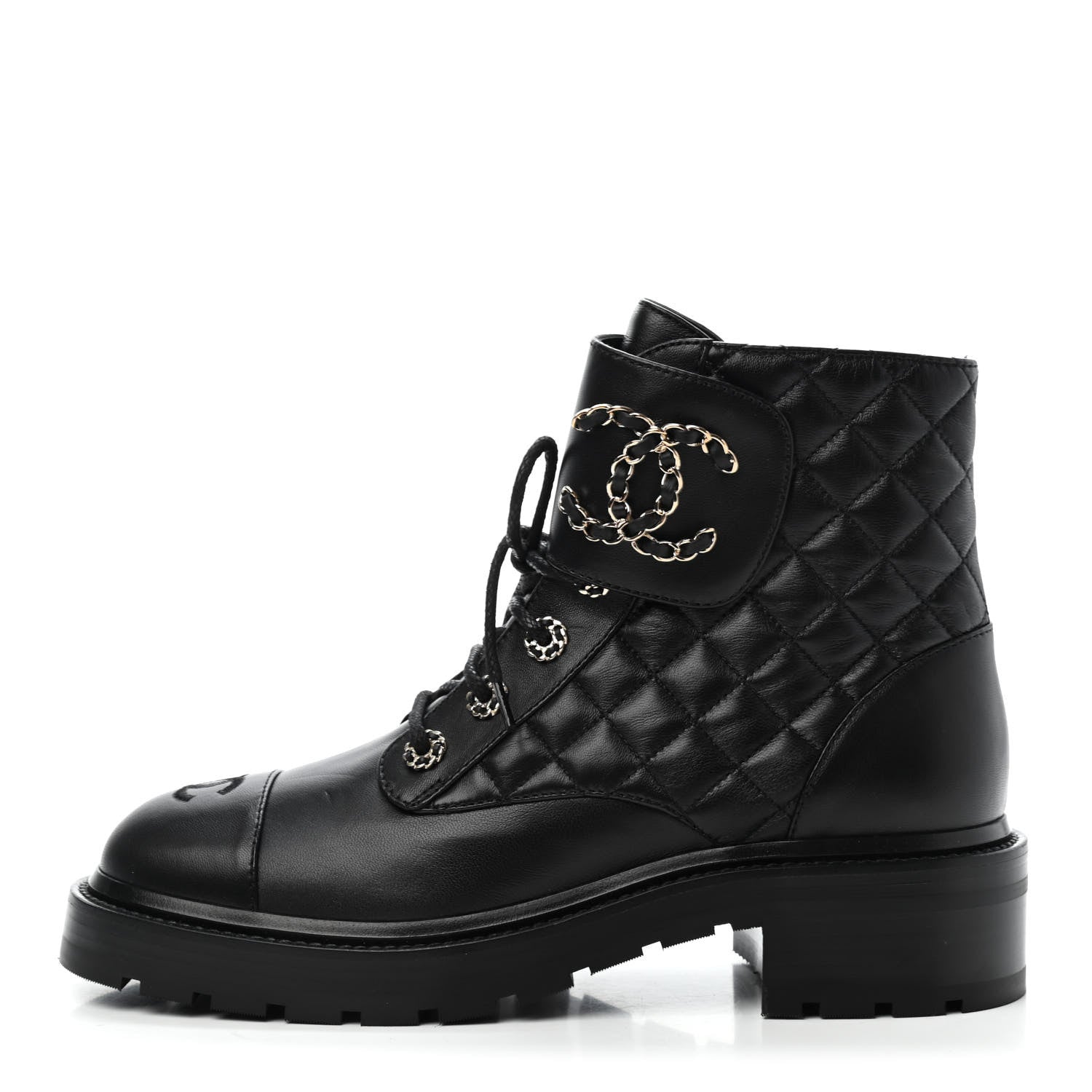 Chanel Shiny Lambskin Quilted Lace Up Combat Boots 39 Black 1 of 4