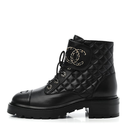Chanel Shiny Lambskin Quilted Lace Up Combat Boots 39 Black 1 of 4
