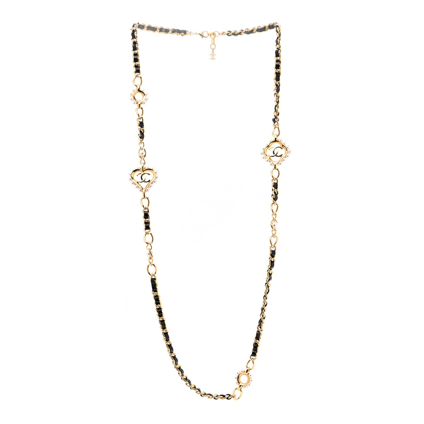 Lambskin Pearl CC Long Chain Necklace Black Gold