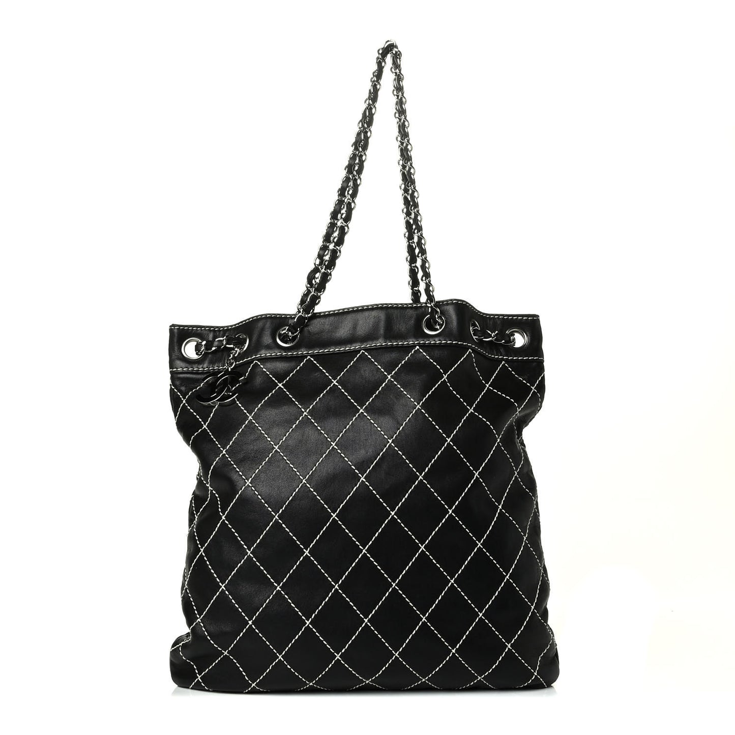 Lambskin Contrast Stitch Shoulder Bag Black