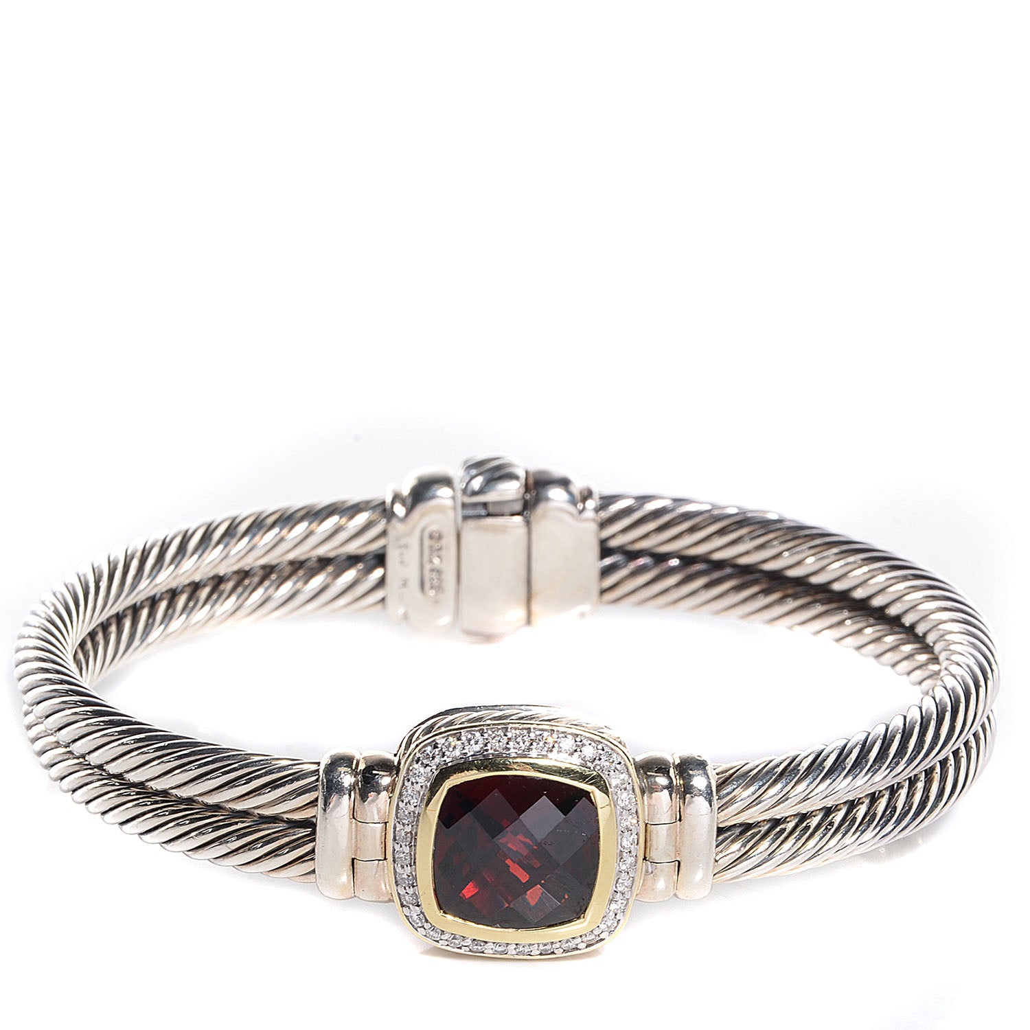 David Yurman Sterling Silver 18K Yellow Gold Diamond Garnet 11mm Albion Double Cable Bracelet 1 of 5