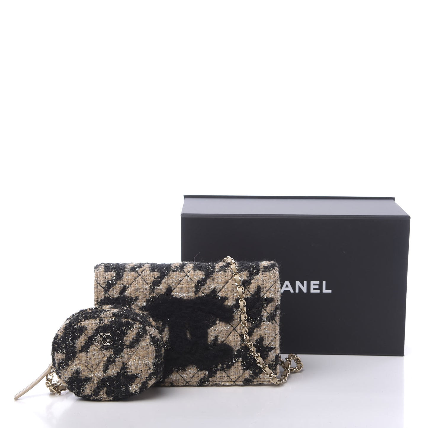 Tweed Shearling Quilted Wallet On Chain WOC and Coin Purse Beige Black