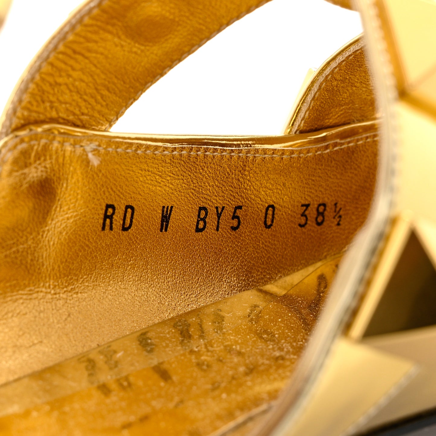 Metallic Patent Roman Stud Ankle Strap Flat Mules 38.5 Antique Brass