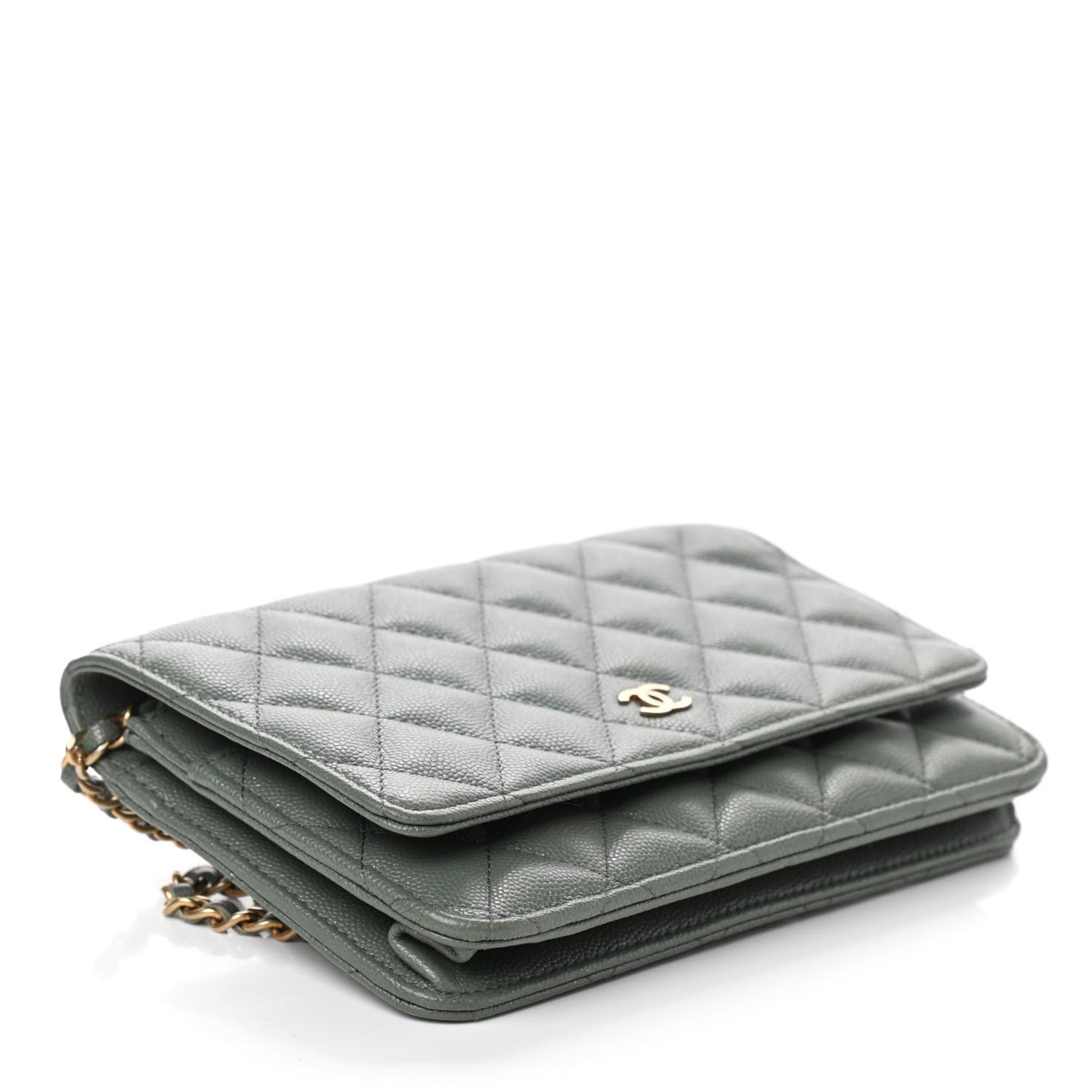 Iridescent Caviar Quilted Wallet On Chain WOC Green
