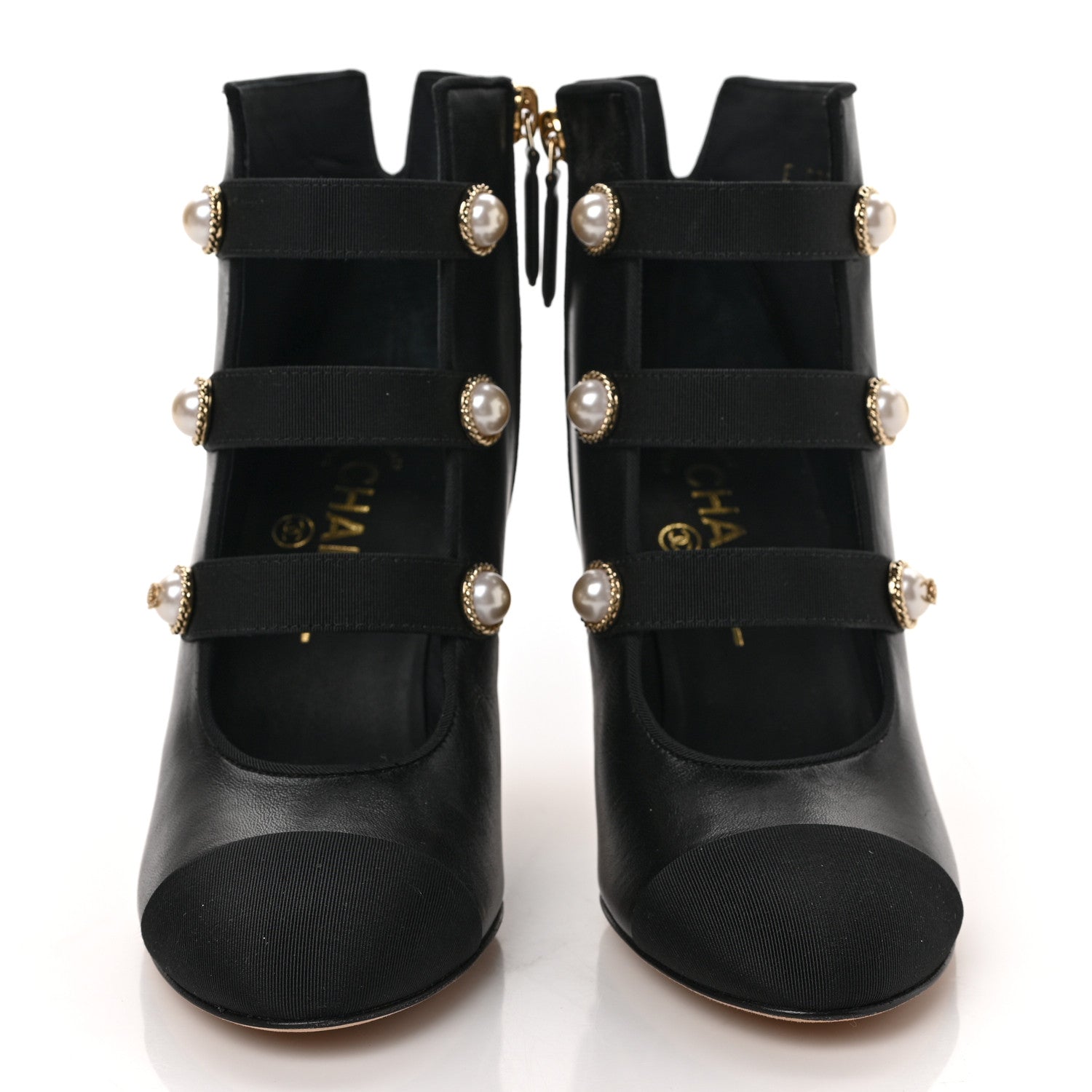 Chanel Lambskin Grosgrain Cap Toe Pearl Ankle Boots 35 Black 2 of 8