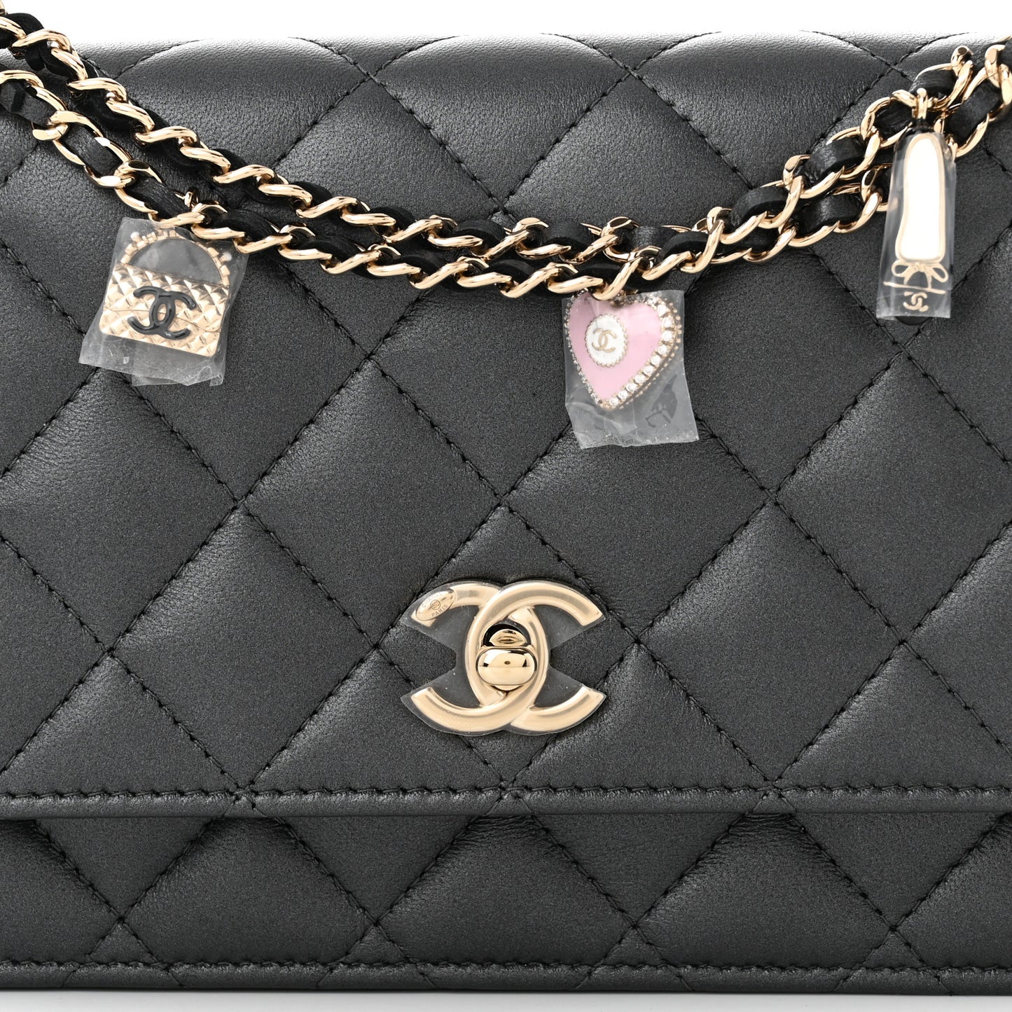 Pearly Lambskin Quilted Charms Wallet On Chain WOC Black