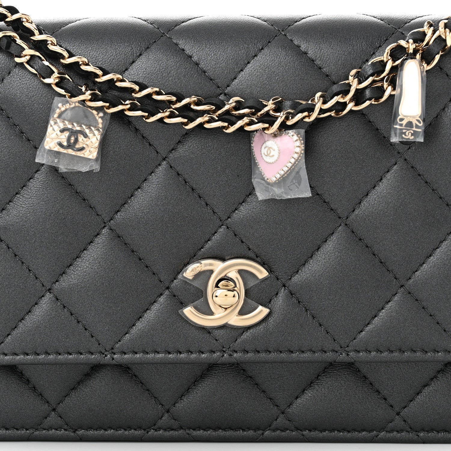 Chanel Pearly Lambskin Quilted Charms Wallet On Chain WOC Black 9 of 12