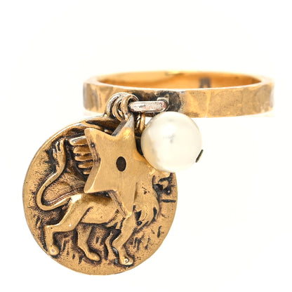 Christian Dior Pearl Dangle Leo Zodiac Ring M Aged Gold 1 of 4
