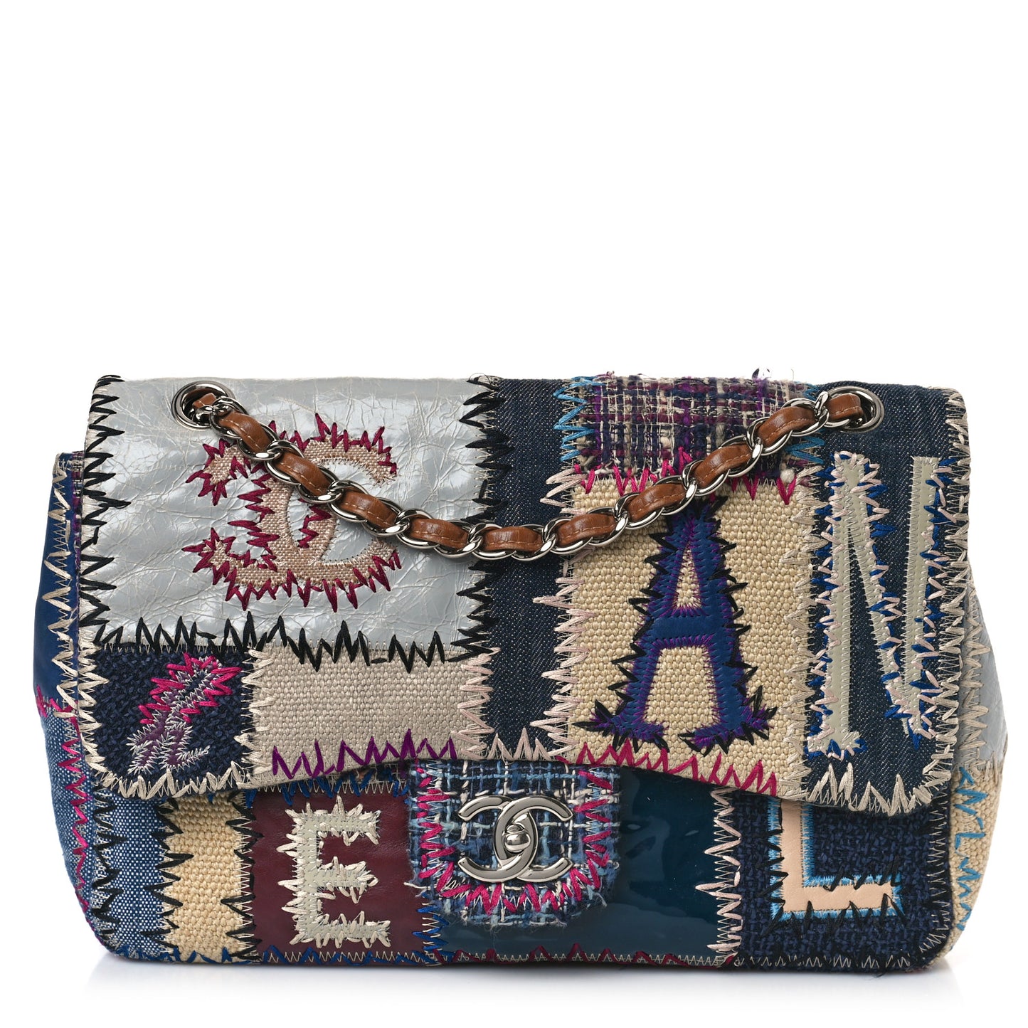 Denim Tweed Patchwork Jumbo Single Flap Multicolor