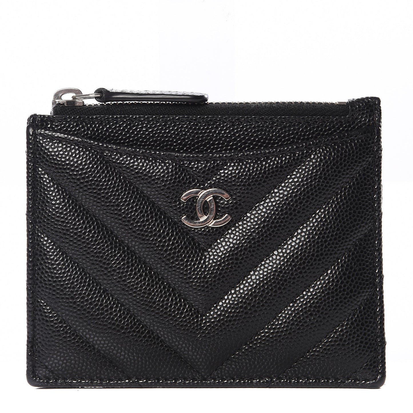 Caviar Chevron Quilted CC Zip Card Holder Black
