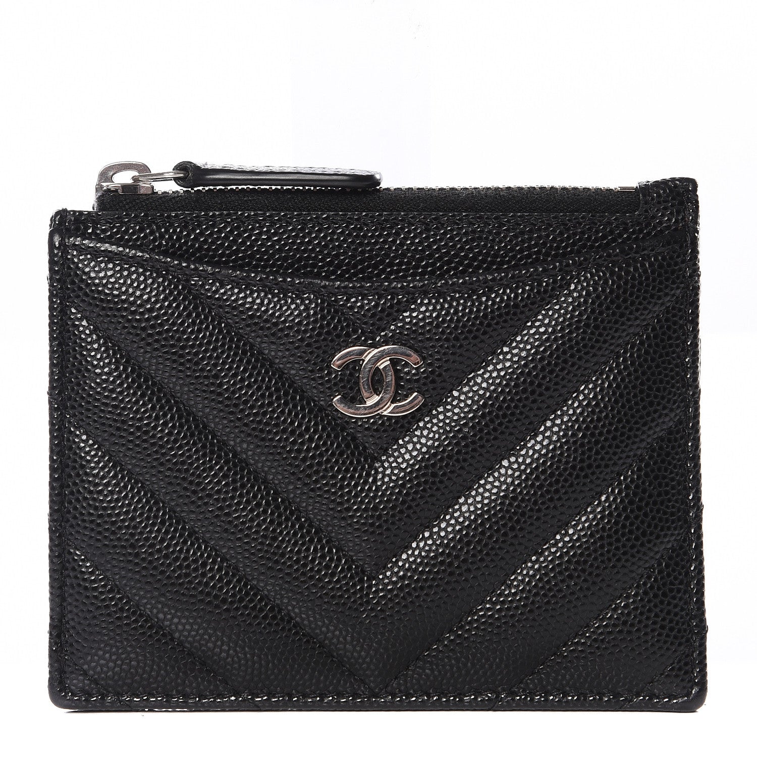 Chanel Caviar Chevron Quilted CC Zip Card Holder Black 1 of 10