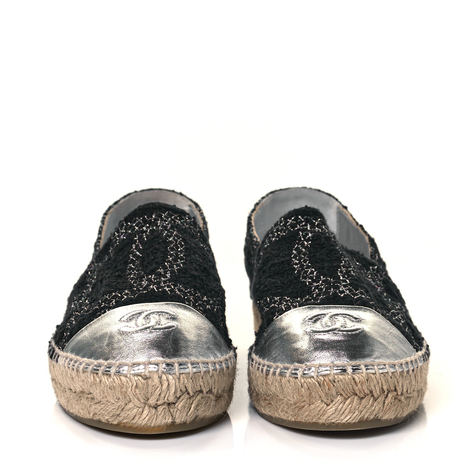 Chanel Tweed Lambskin CC Espadrilles 38 Black Silver 2 of 8