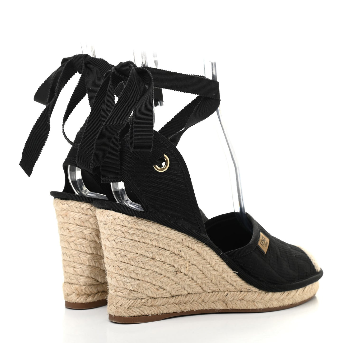 Canvas FF Embroidered Roma Ankle Wrap Espadrille Wedges 38 Black