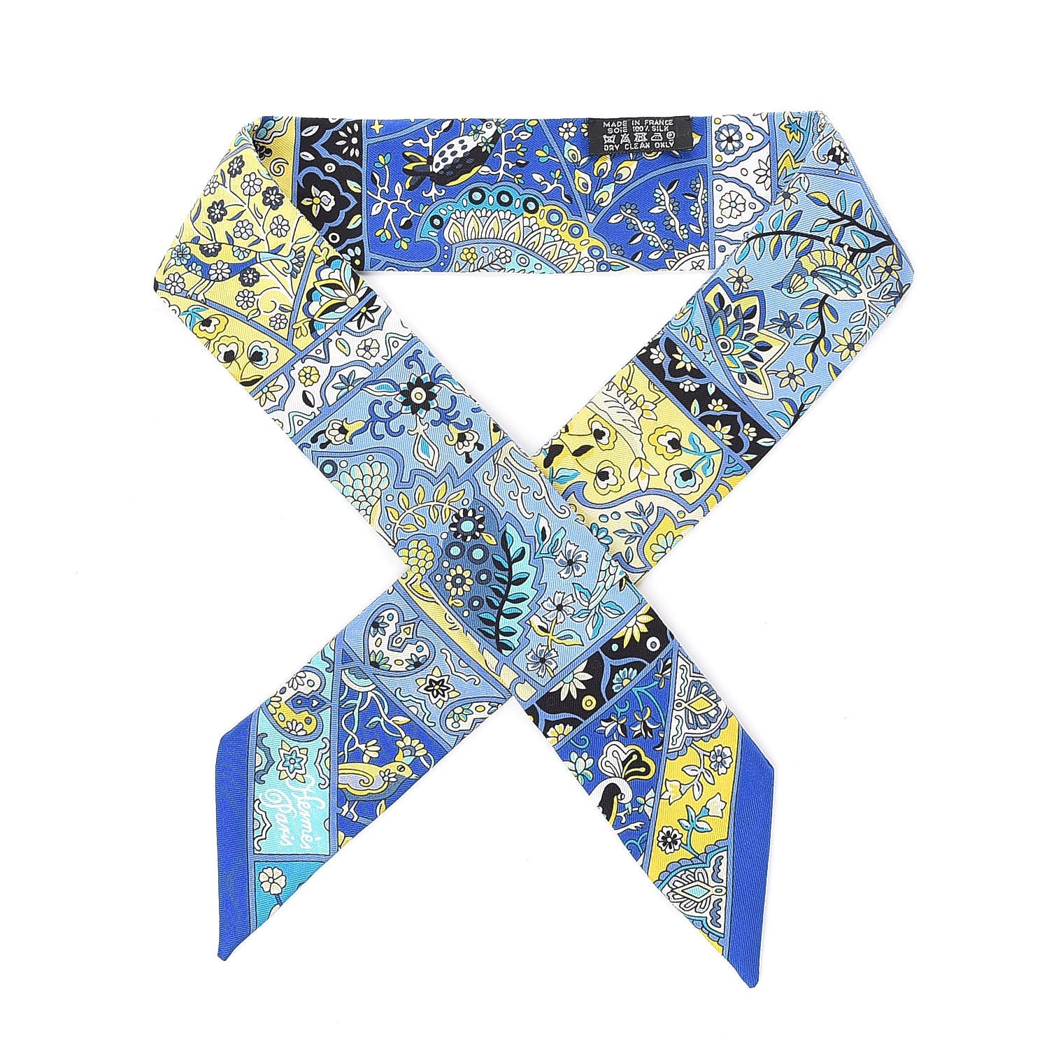 Hermes Silk Au Pays Des Oiseaux Fleurs Twilly Bleu Dur Jaune Vif Turquosie 1 of 5