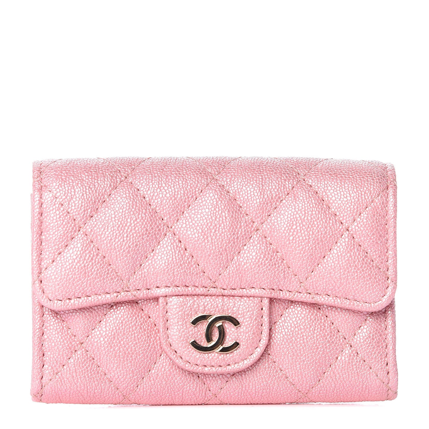 Iridescent Caviar Quilted Flap Card Holder Rose Pink