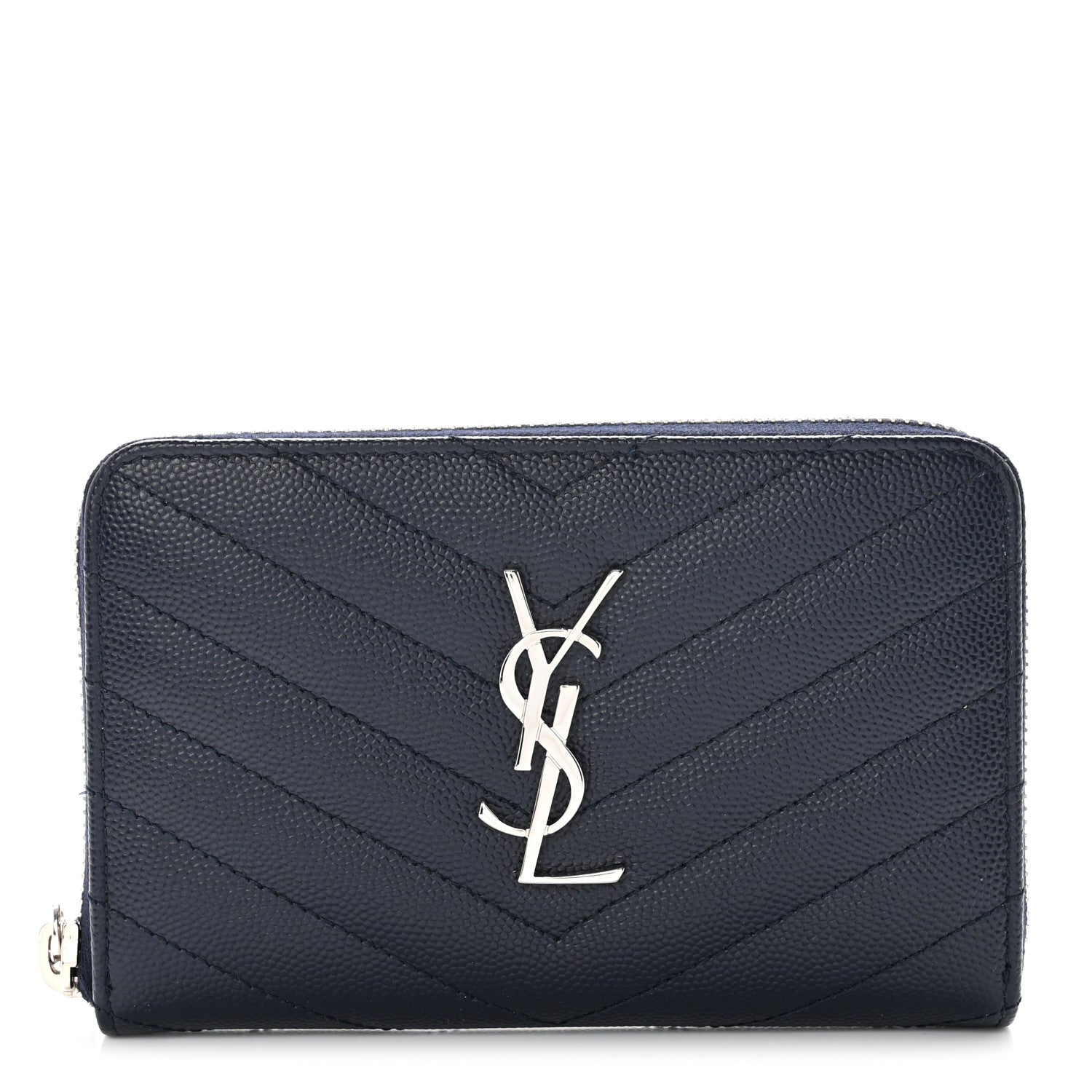 Saint Laurent Grain De Poudre Matelasse Chevron Monogram Small Zip Around Wallet Deep Marine 1 of 7
