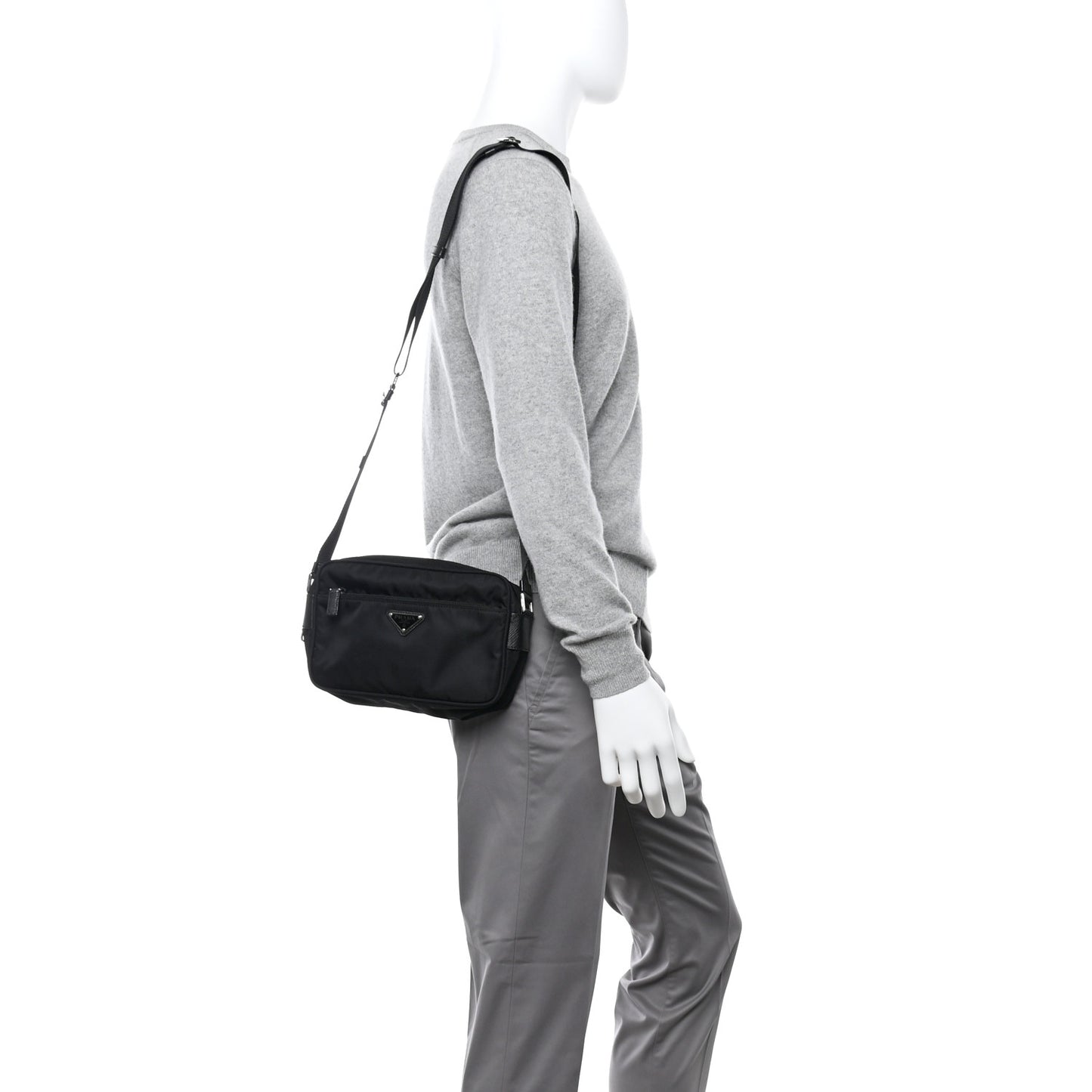 Re-Nylon Vela Saffiano Pocket Double Zip Shoulder Bag Black