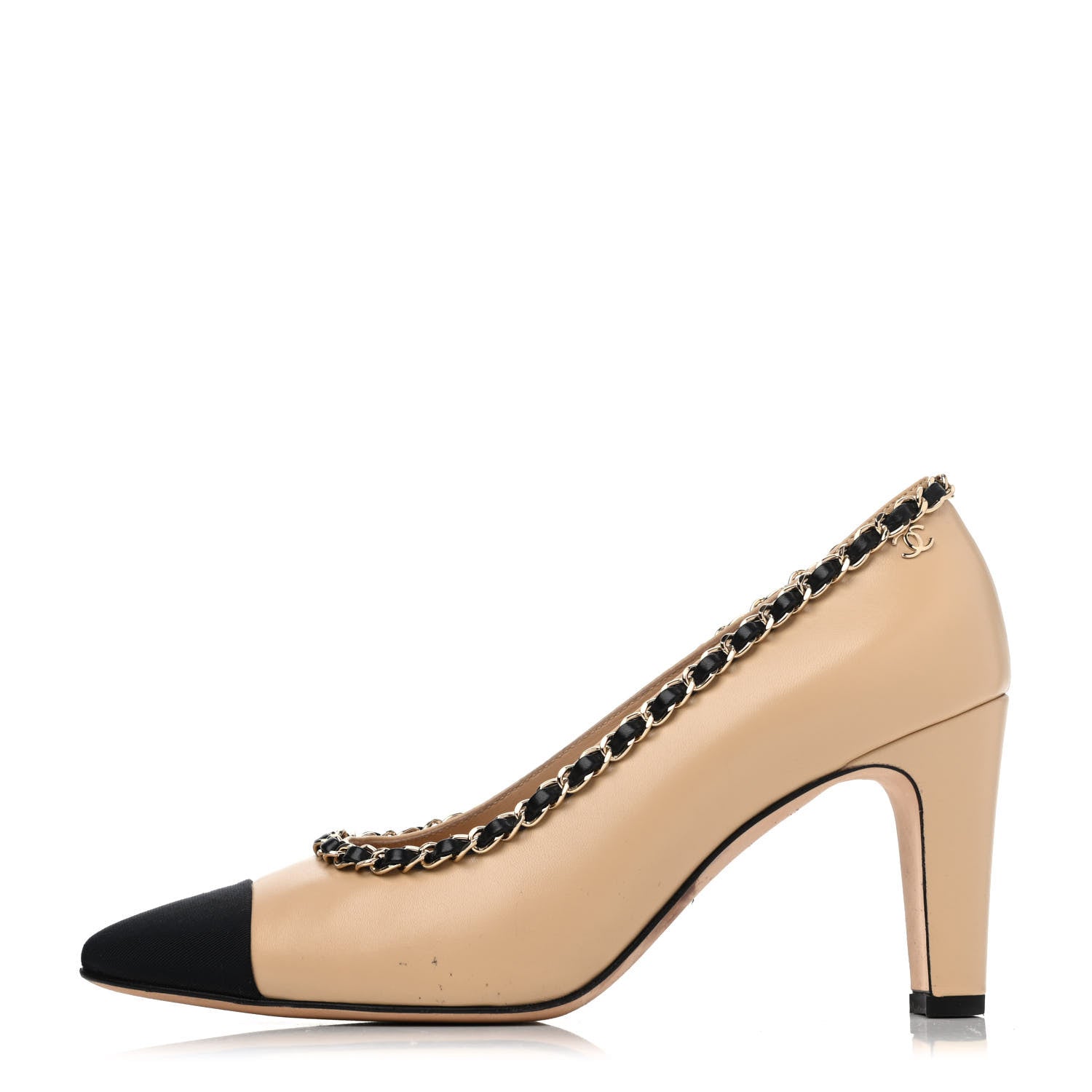 Chanel Lambskin Grosgrain Chain Cap Toe Pumps 37 Beige Black 1 of 4