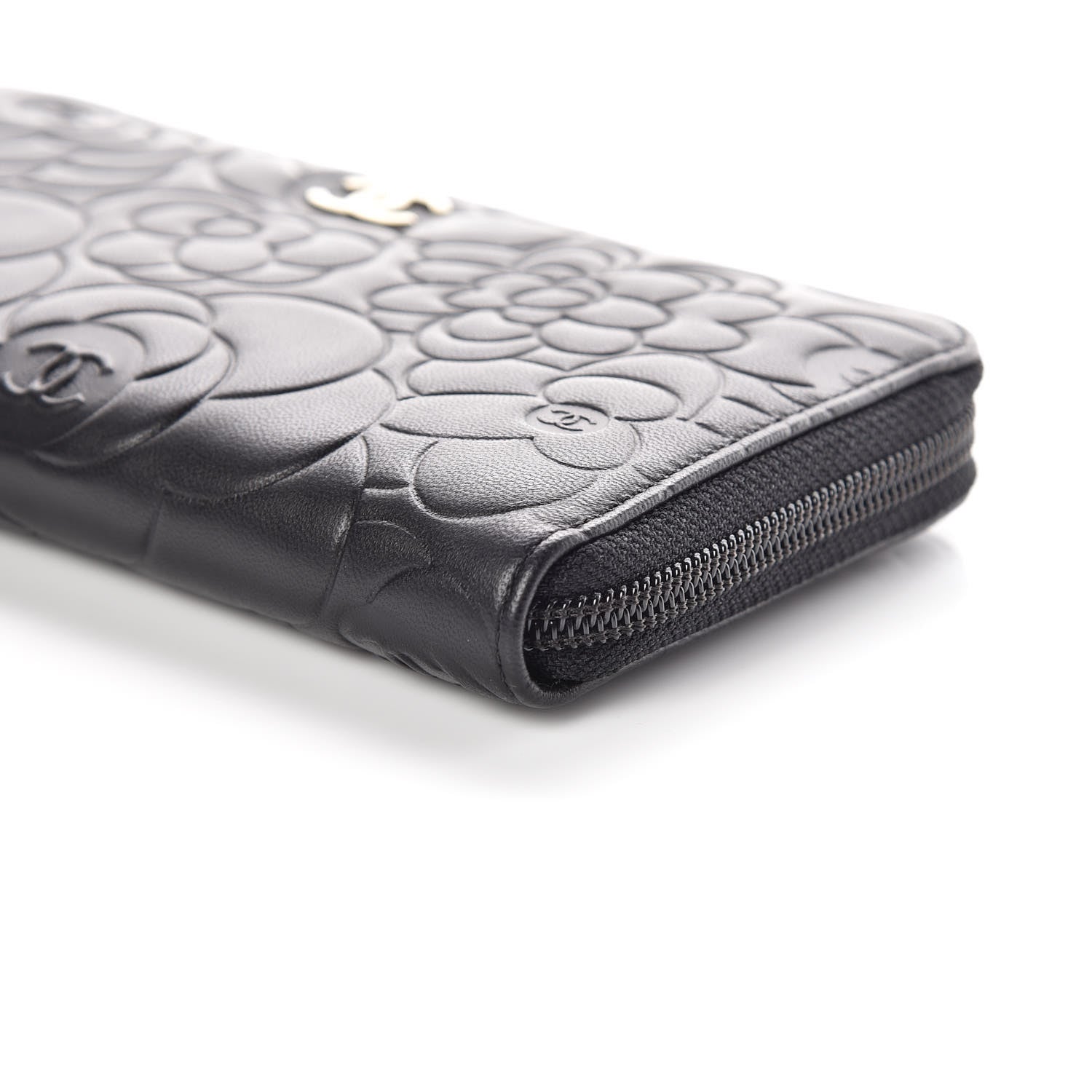 Chanel Lambskin Camellia Embossed Large Zip Around Gusset Wallet Black 6 of 11