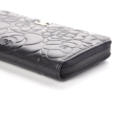 Chanel Lambskin Camellia Embossed Large Zip Around Gusset Wallet Black 6 of 11