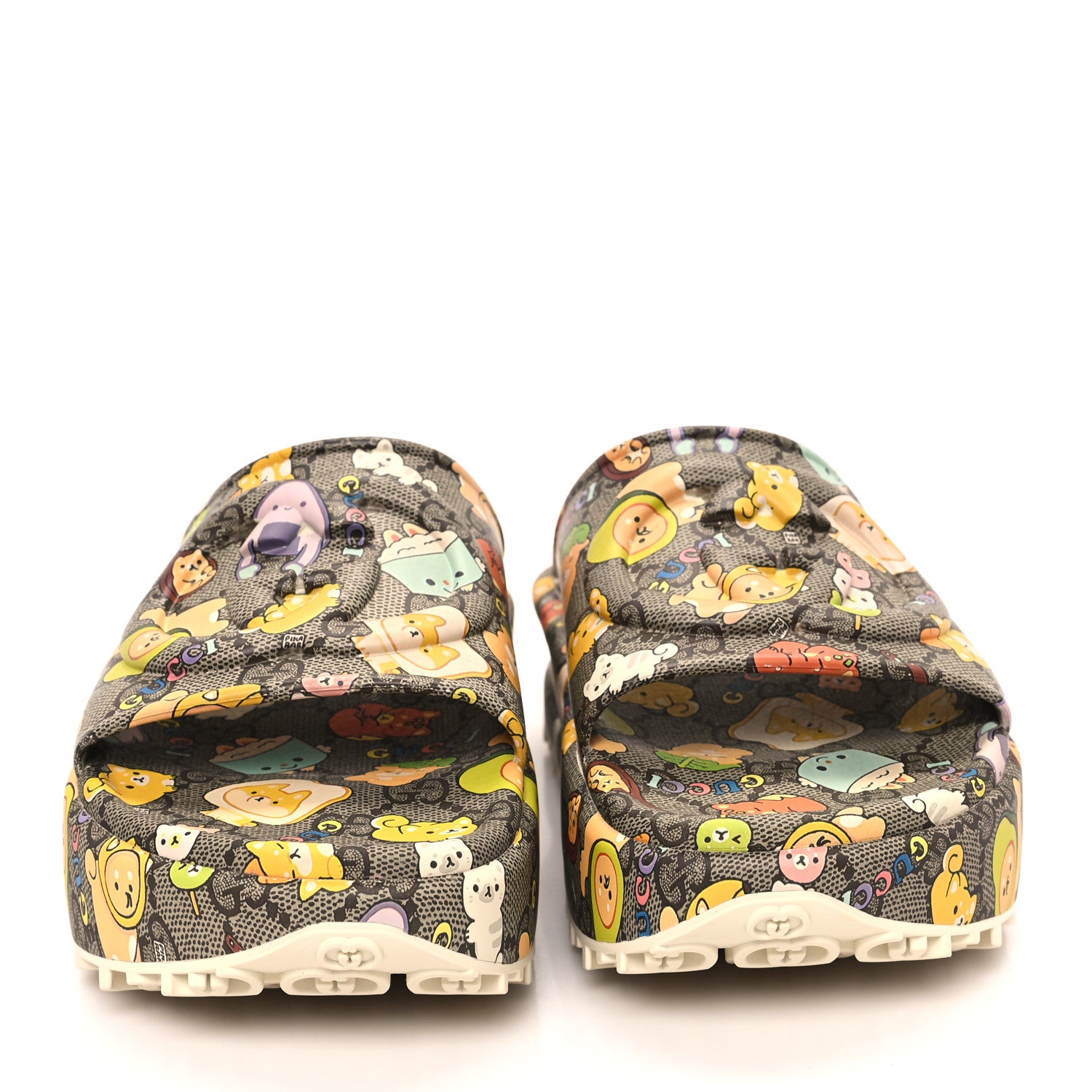 Gucci X PIKARAR Cubic Rubber Monogram Animal Print Womens Interlocking G Platform 42mm Slide Sandals 38 Beige Ebony Multicolor 3 of 10