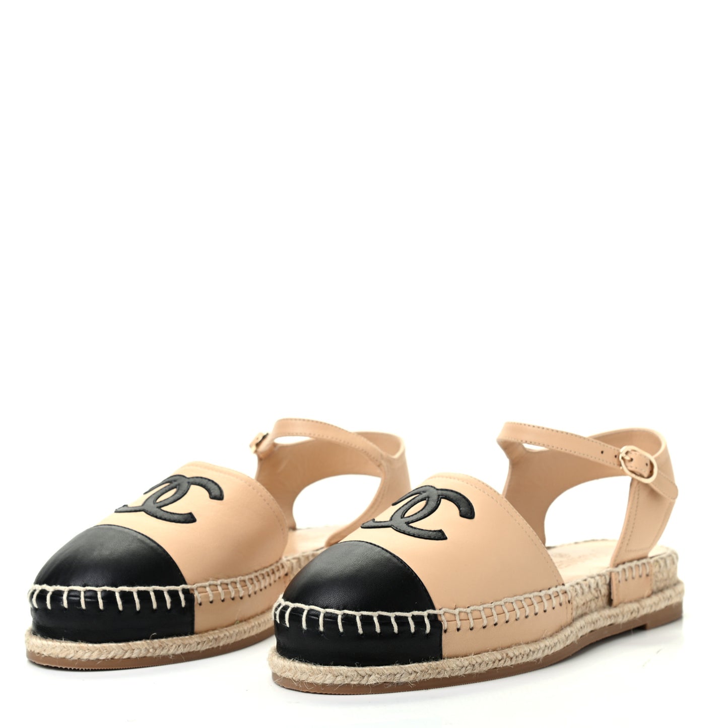 Lambskin Cap Toe CC Espadrille Sandals 37 Beige Black