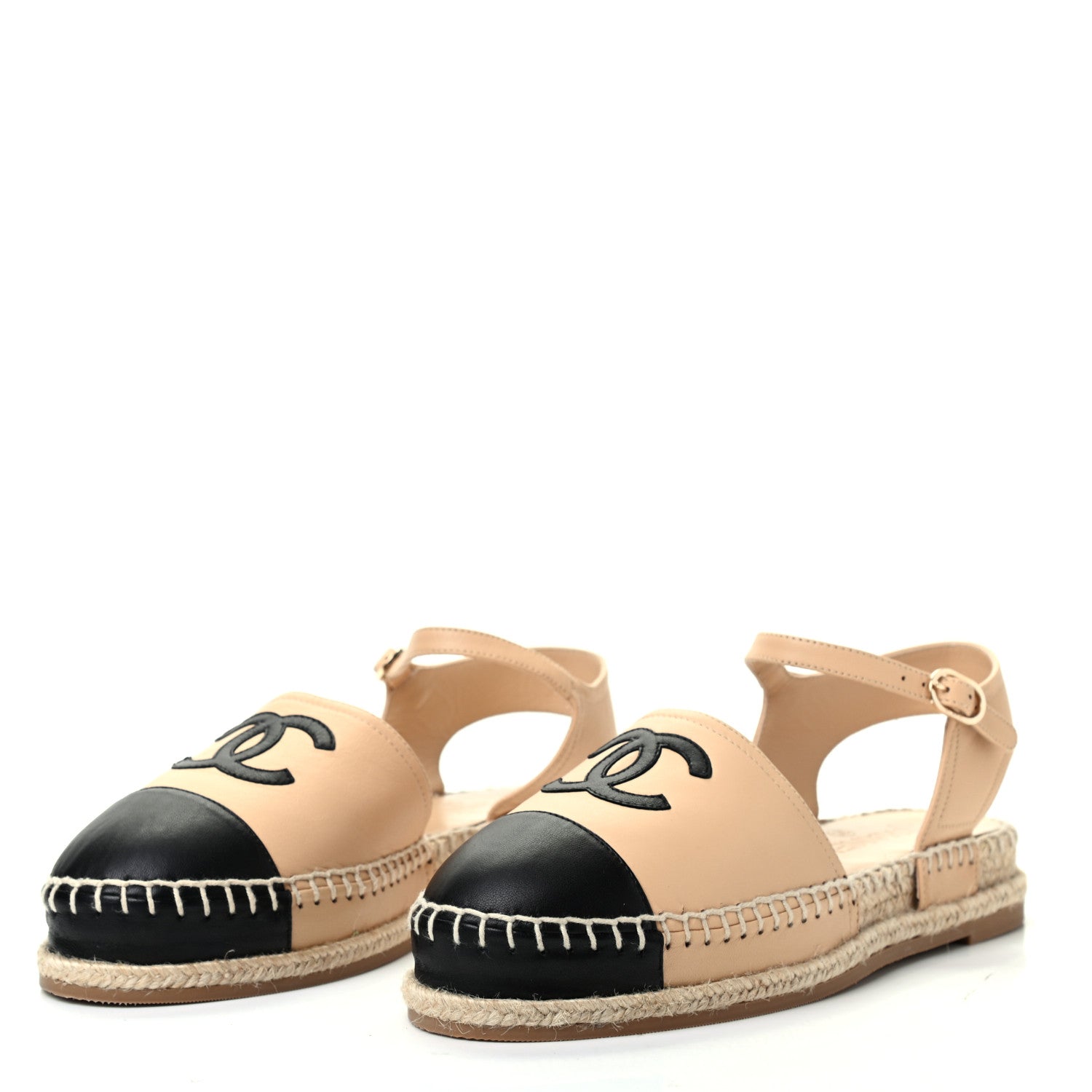 Chanel Lambskin Cap Toe CC Espadrille Sandals 37 Beige Black 3 of 9