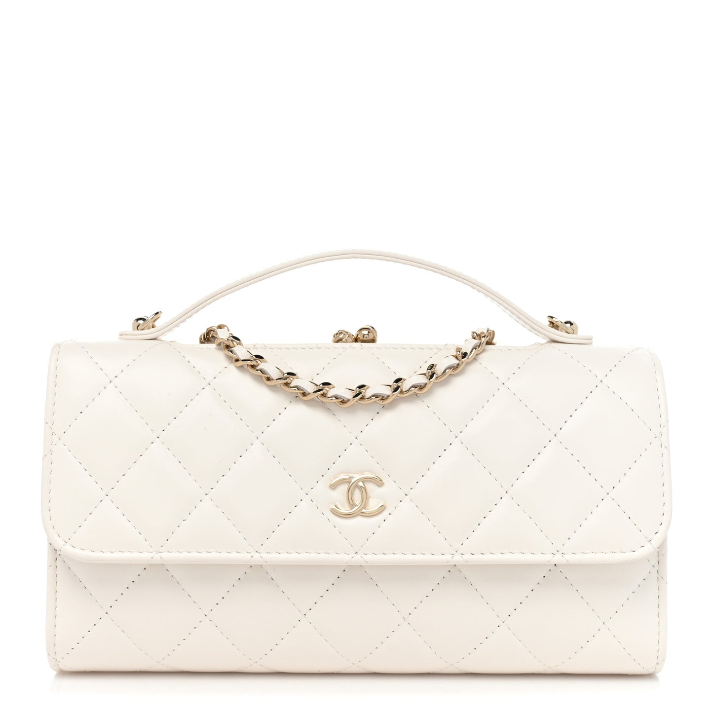Shiny Calfskin Quilted Flap Phone Holder With Chain White
