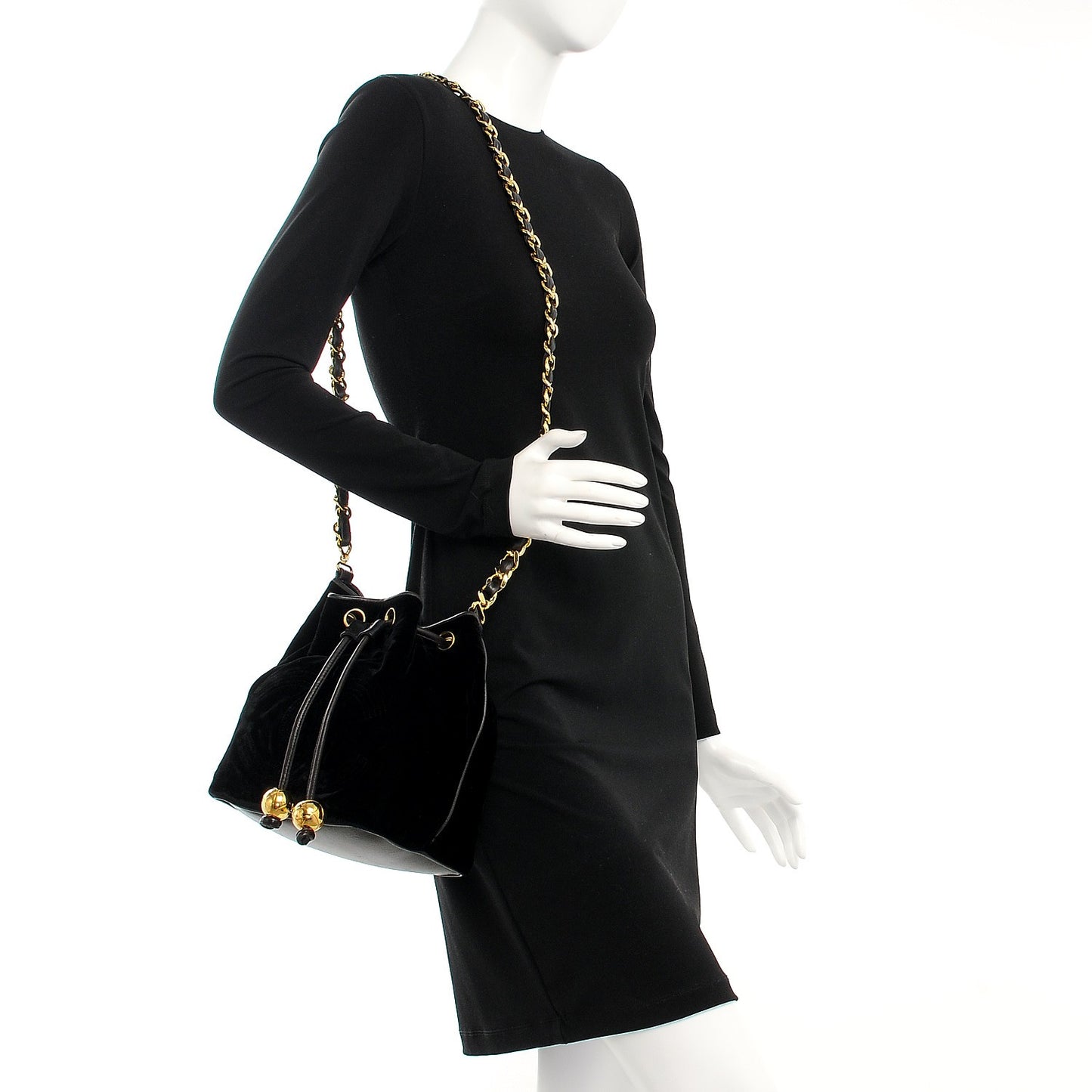 Velvet CC Drawstring Bucket Bag Black