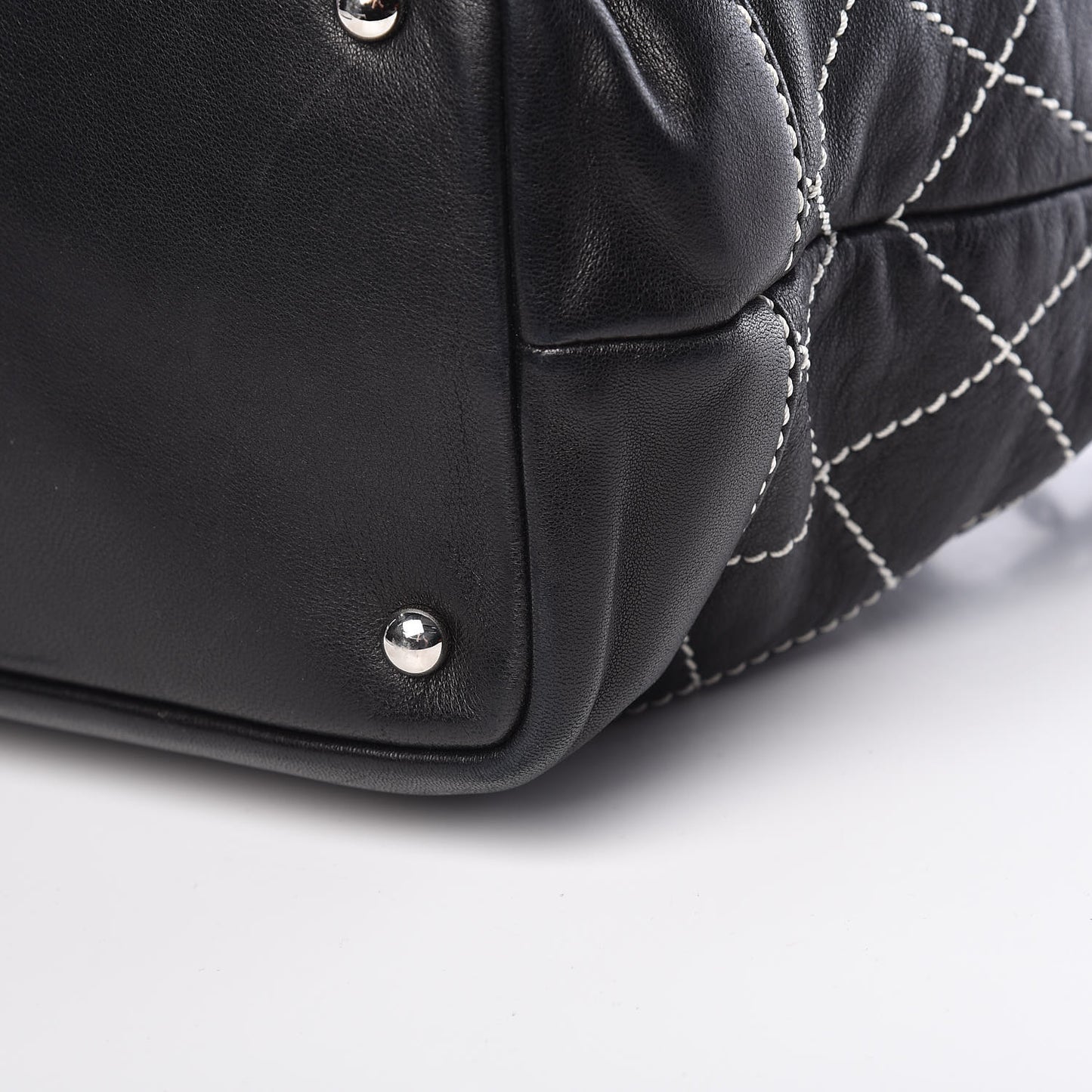 Lambskin Contrast Stitch Small Drawstring Tote Black