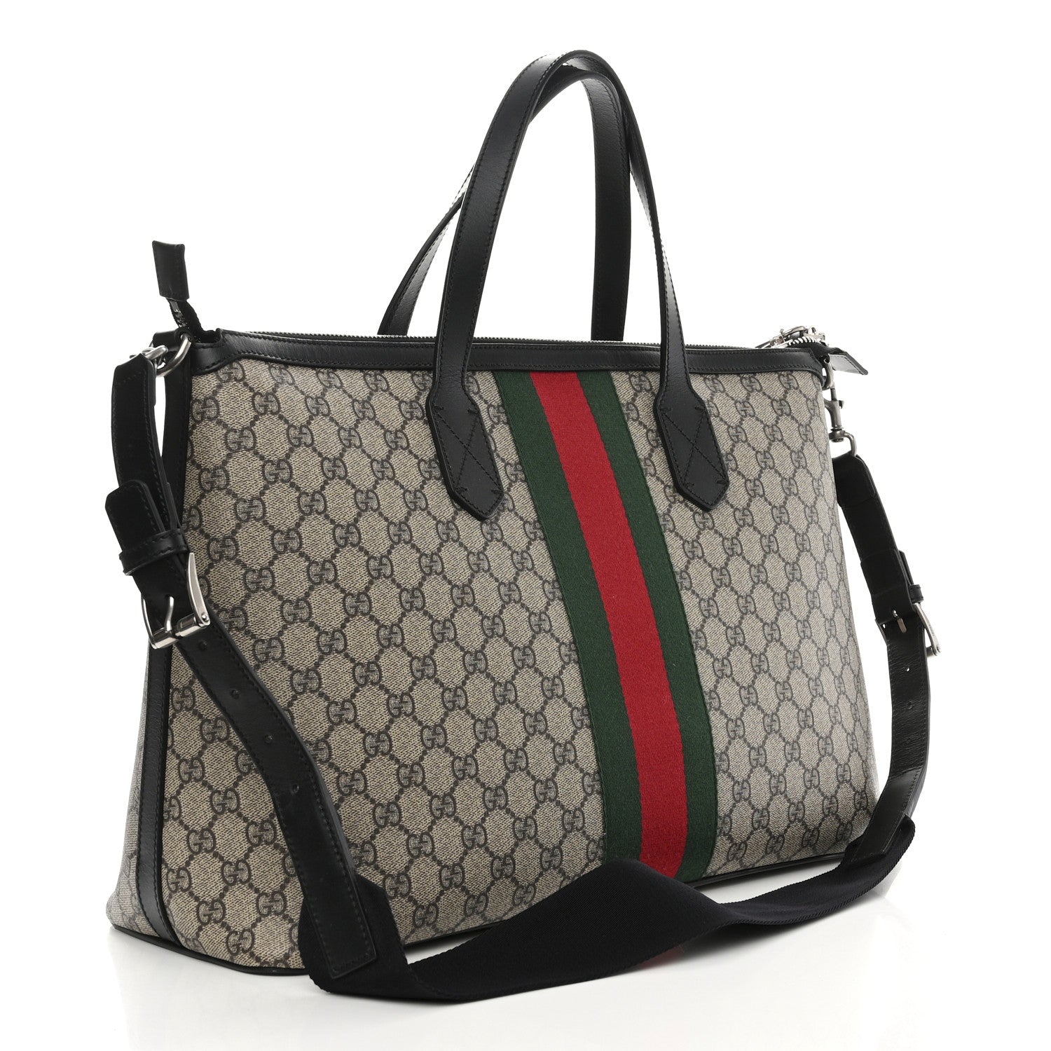 Gucci GG Supreme Monogram Web Medium Zippered Tote Beige Black 3 of 11